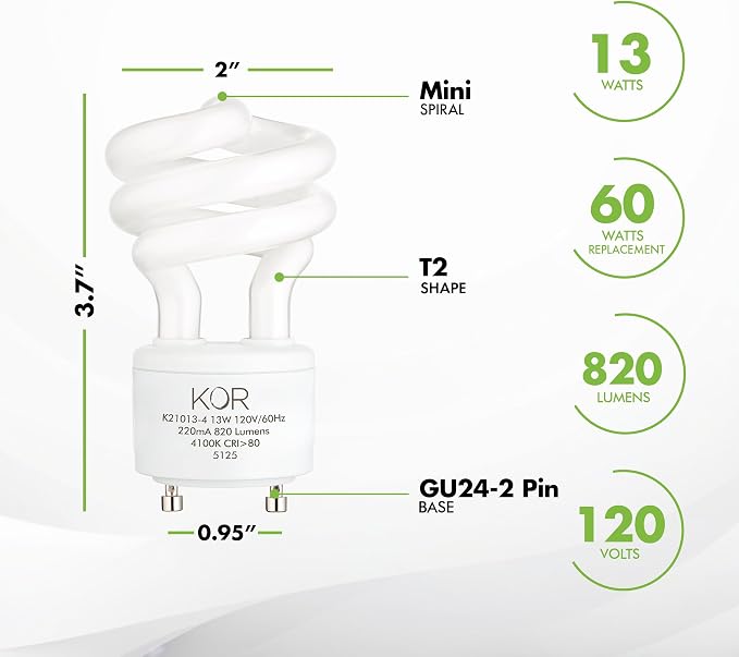 13W GU24 CFL Light Bulbs T2 Mini Spiral 4100K Cool White 60W Equivalent 4 Pack