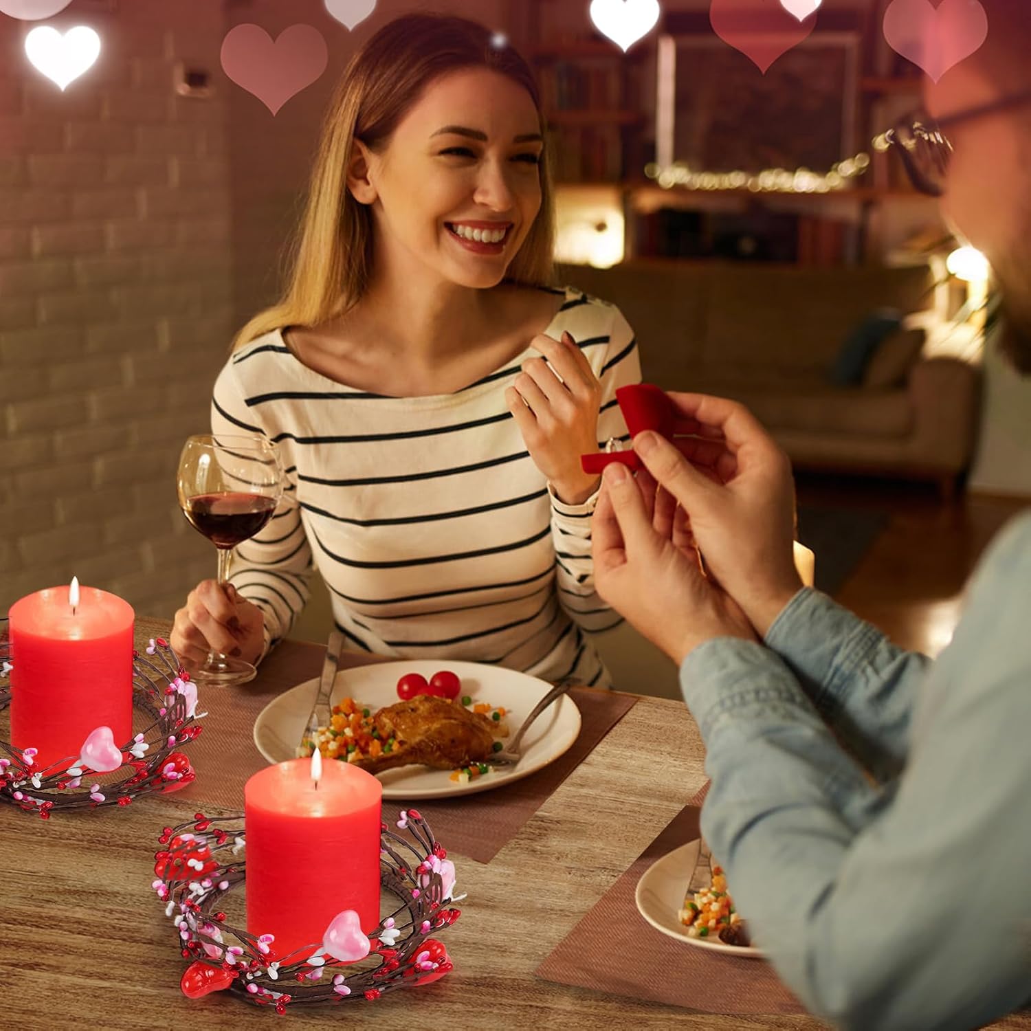 Valentine Candle Rings - 4.3 Inches Valentines Decor Candle Wreaths With Love Hearts, Valentines Table Centerpieces For Party Wedding Windows Tabletop Decoration, 4Pcs