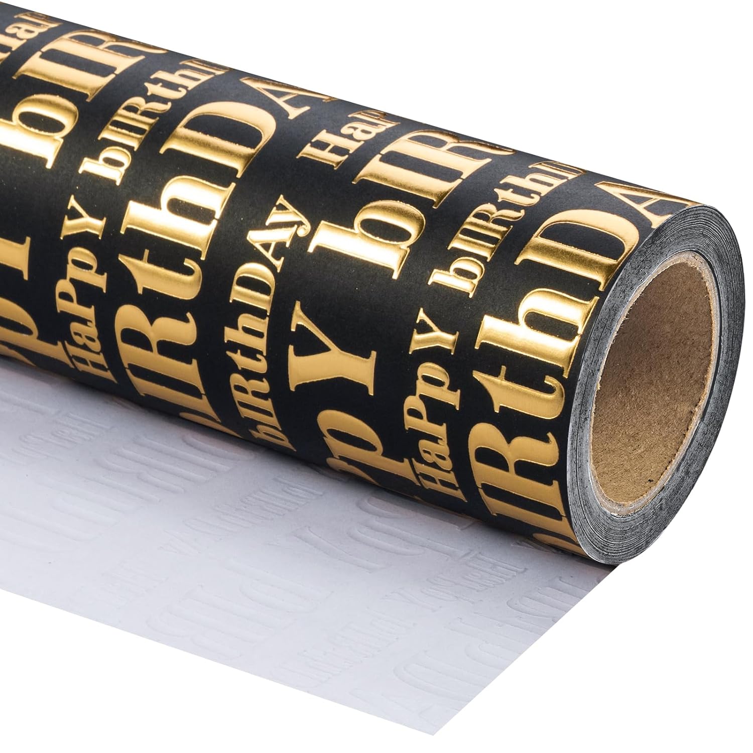 3D Kraft Birthday Wrapping Paper Roll - Mini Roll - 17 Inch X 16.5 Feet - Gold And Black Happy Birthday Lettering Design With Embossed Perfect For Holiday, Party Celebration