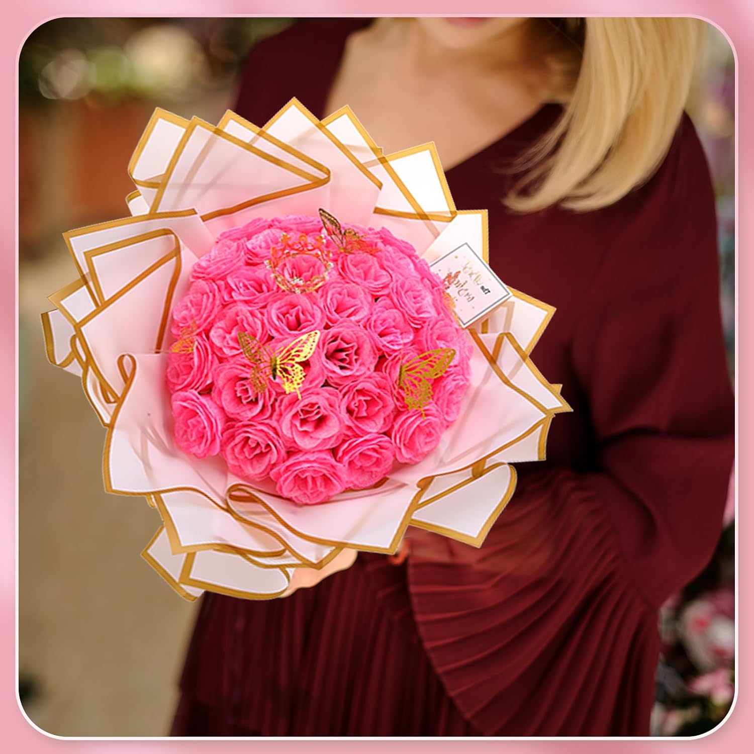 36 Pcs Glitter Roses Bouquet Kit, Pink Sparkling Flower Arrangement With Stems, Butterflies, Crown, Wrapping Paper, Card, Ribbon For Wedding, Graduate, Birthday, Diy Crafts