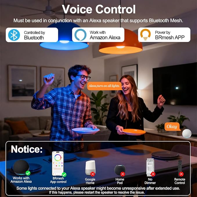 Globe Smart Light Bulbs 6 Pack E26 Bluetooth Mesh Vanity Bulbs RGB Color Changing 600LM App Controlled