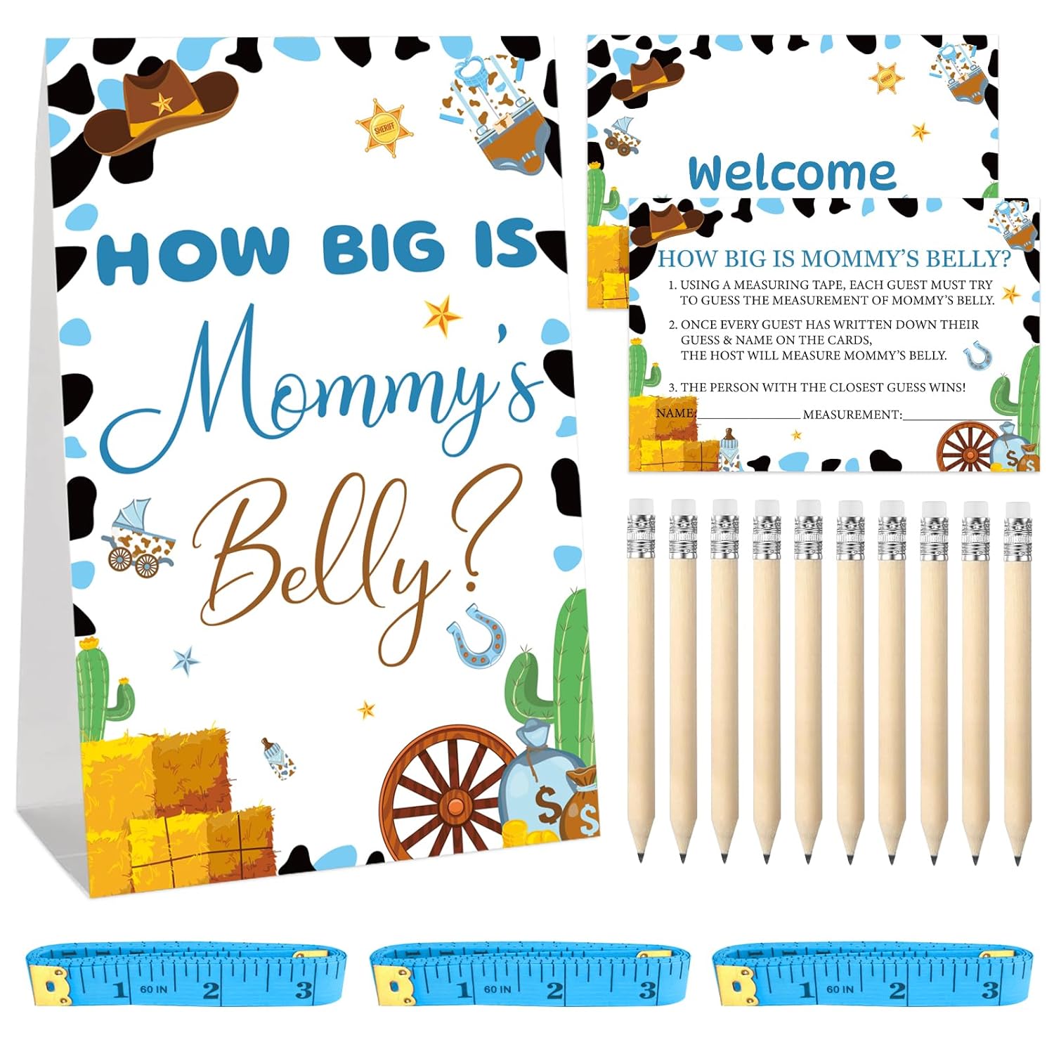 How Big Is Mommy’S Belly Baby Shower Game Set, 64 Pcs Cowboy Western Guessing Game With 50 Cards, 10 Mini Pencils, And 3 Measuring Tapes, Fun Baby Shower Activity For Boy Gender Reveal Or Rodeo Party