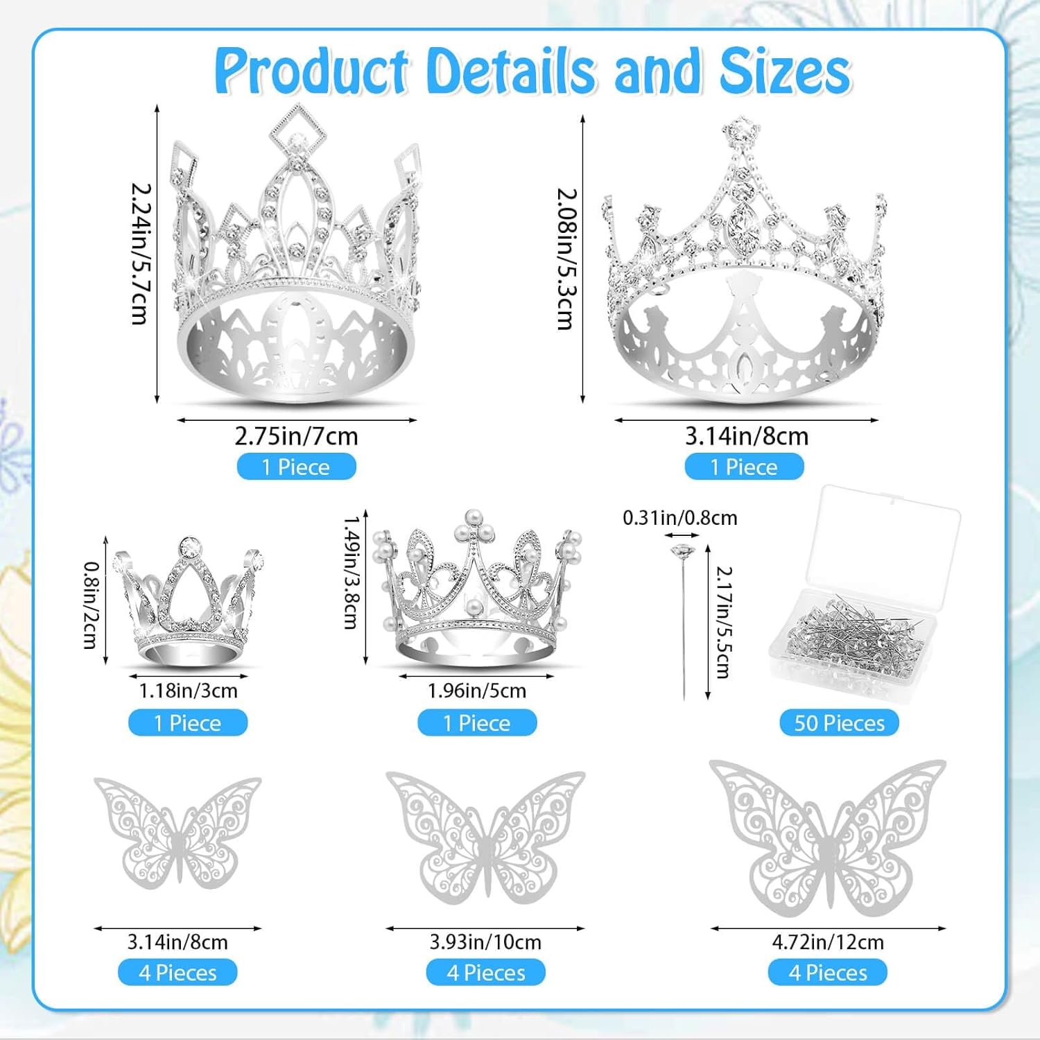 Flower Bouquet Accessories Including 4 Pcs Silver Crowns, 12 Pcs Butterfly Decorations And 50 Pcs Flower Pins For Flower Bouquets And Cake Topper Decoration