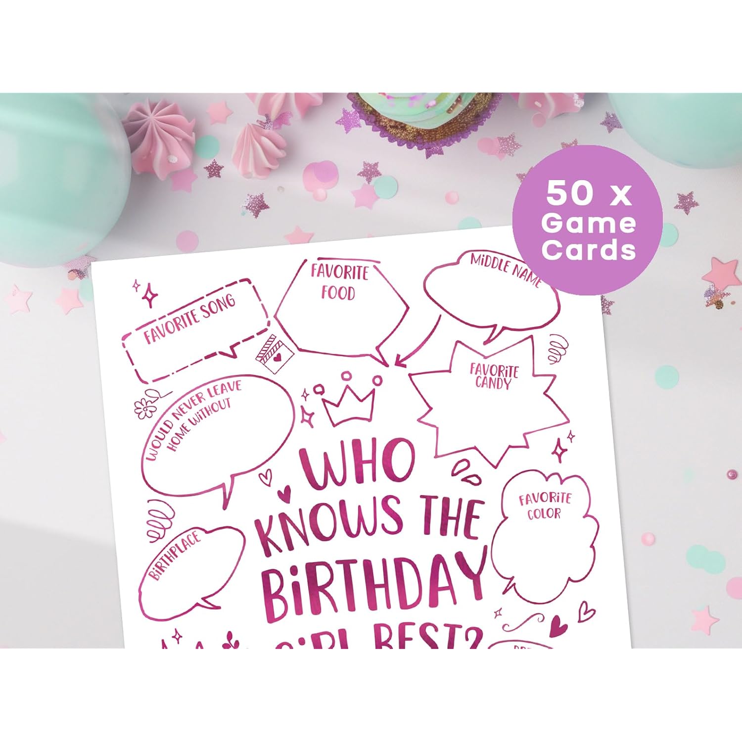 50 Who Knows The Birthday Girl Best Game Cards, Fun Birthday Games For Kids & Adults, Pink Bubbles