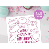 50 Who Knows The Birthday Girl Best Game Cards, Fun Birthday Games For Kids & Adults, Pink Bubbles