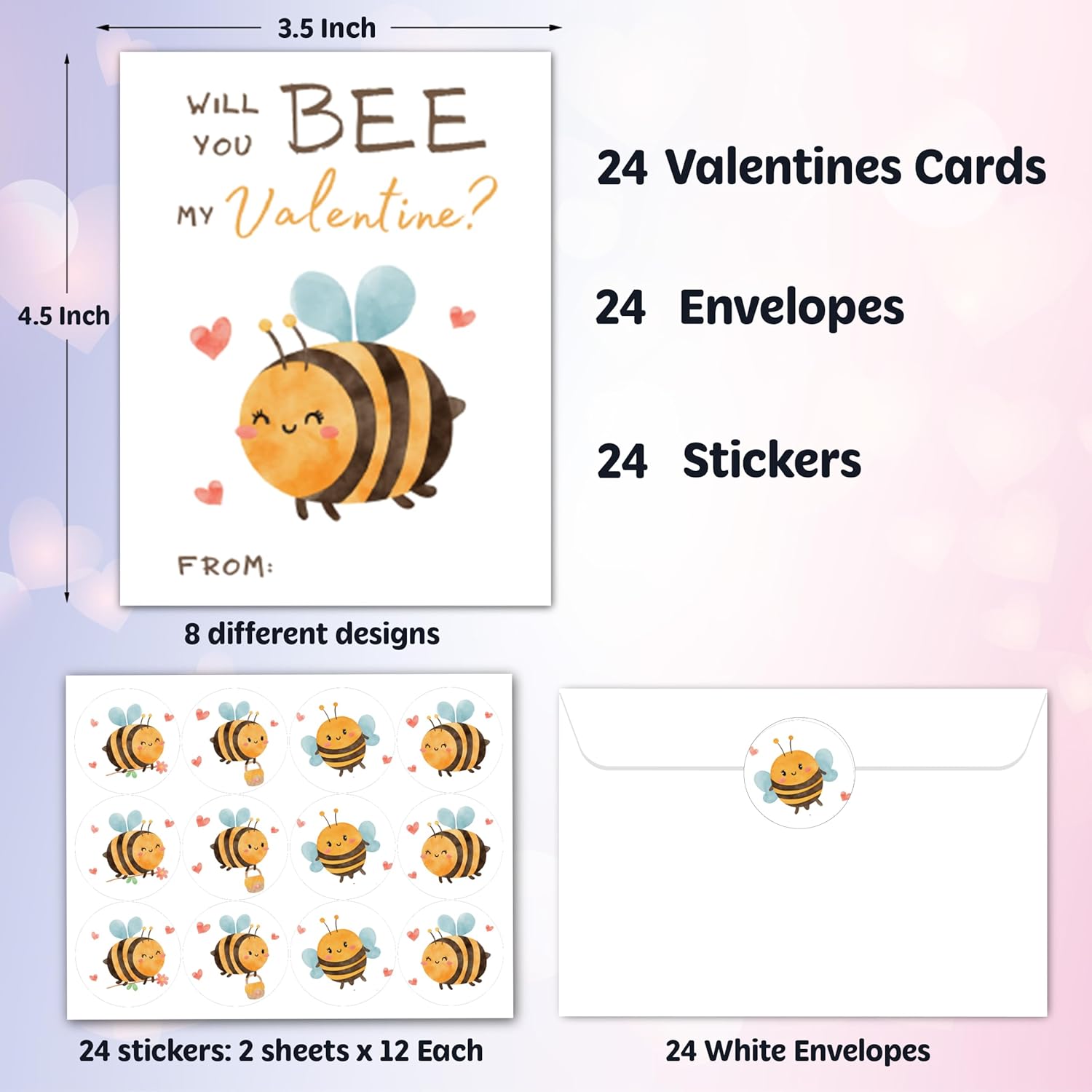 Bee Valentines Day Cards Gifts For Kids School, 24 Pack Bee Valentine Classroom Exchange Cards For Boys Girls