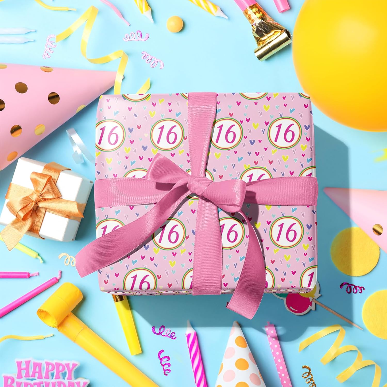 16Th Birthday Wrapping Paper Roll, Pink Happy 16Th Birthday With Heart Gift Wrap For For Age16 Teens, Kids, Girls, Friends, Mini Roll, 17 Inches X 16.4 Feet, 16 Years Old