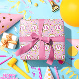 16Th Birthday Wrapping Paper Roll, Pink Happy 16Th Birthday With Heart Gift Wrap For For Age16 Teens, Kids, Girls, Friends, Mini Roll, 17 Inches X 16.4 Feet, 16 Years Old