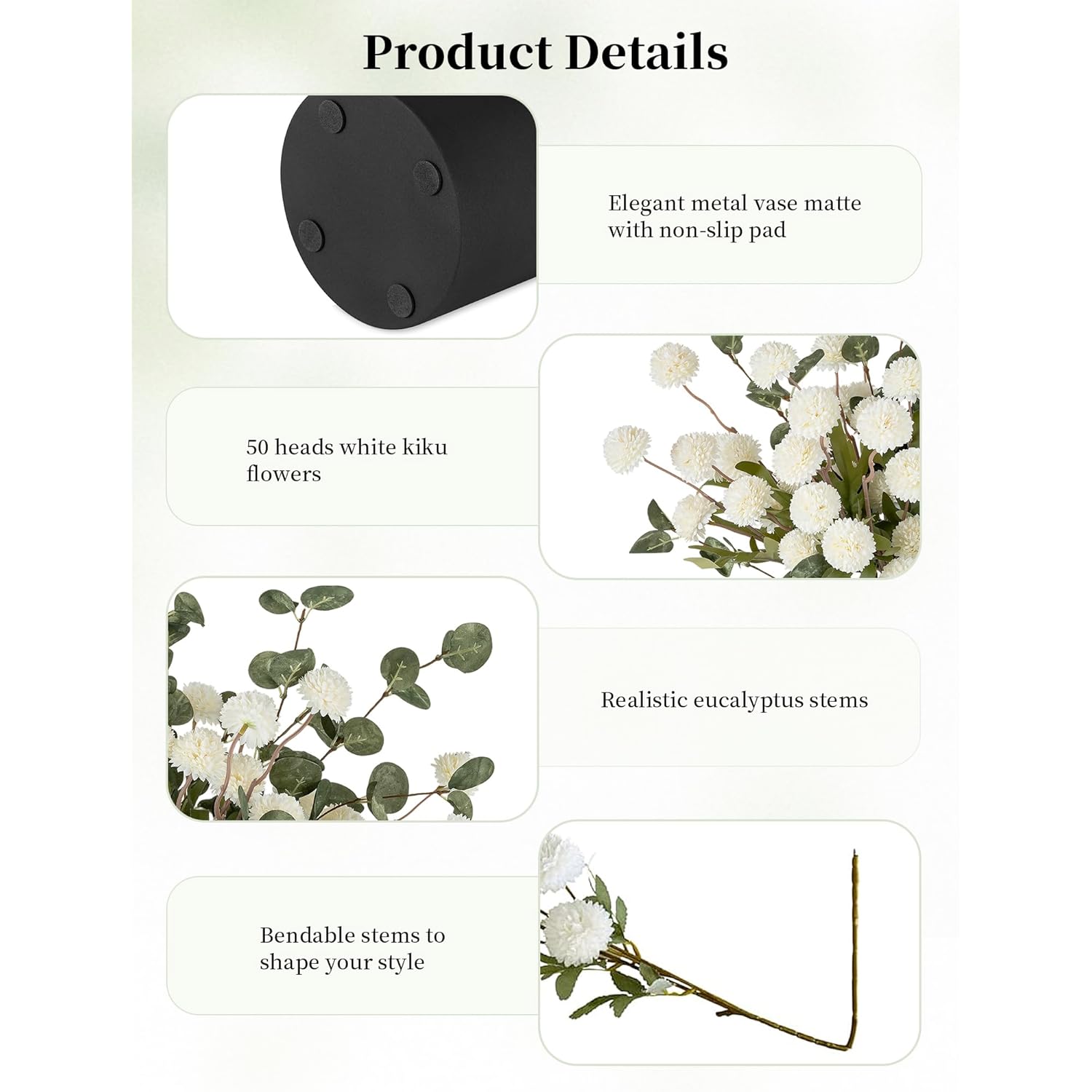 Fake Flowers In Vase For Centerpieces: Metal Vase With 12 Stems Of Artificial Mums Kiku Flowers Eucalyptuses Home Table Decor - White Faux Pom Poms Floral Arrangements For Living Room