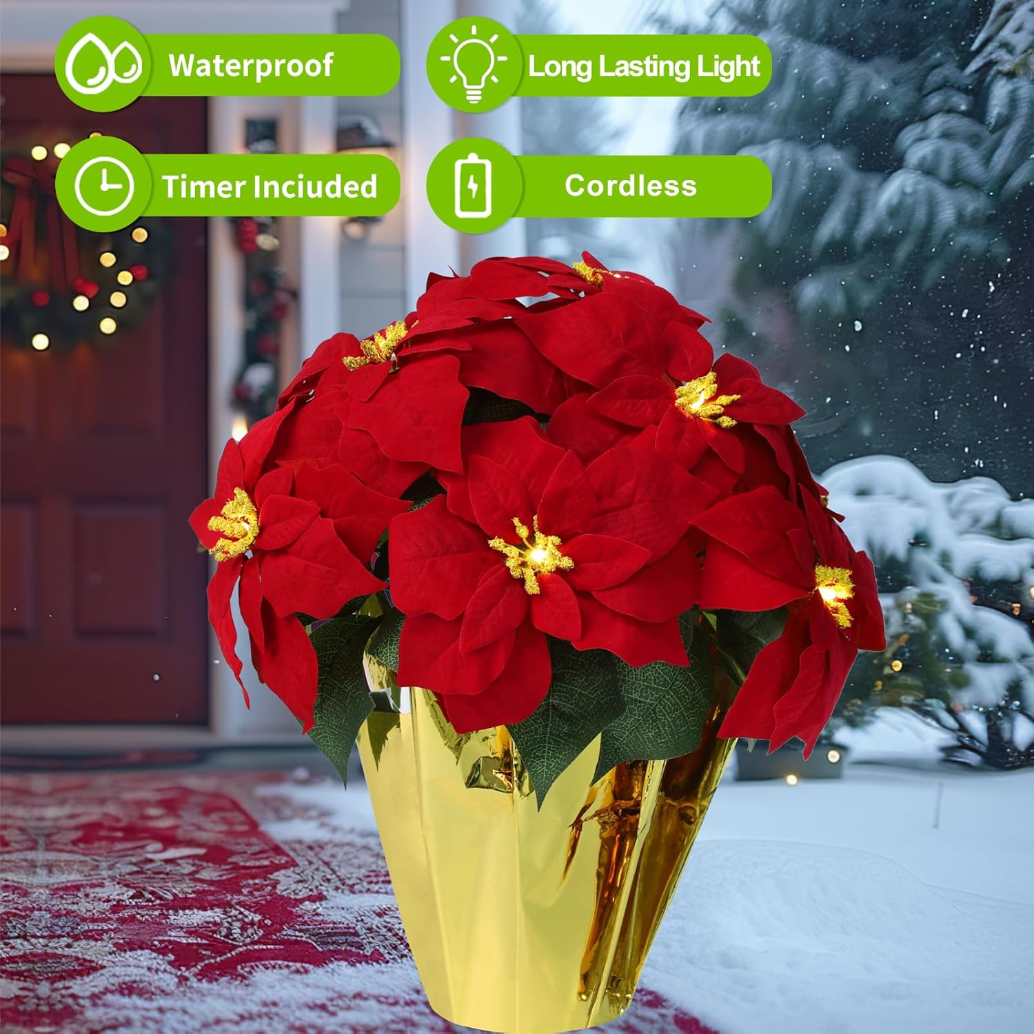 2 Pack 18" Lighted Large Artificial Poinsettias For Outdoors Led Poinsettia Flowers Artificial Faux Poinsettia Plants Poinsettia Christmas Decorations For Office Home Kitchen Decor