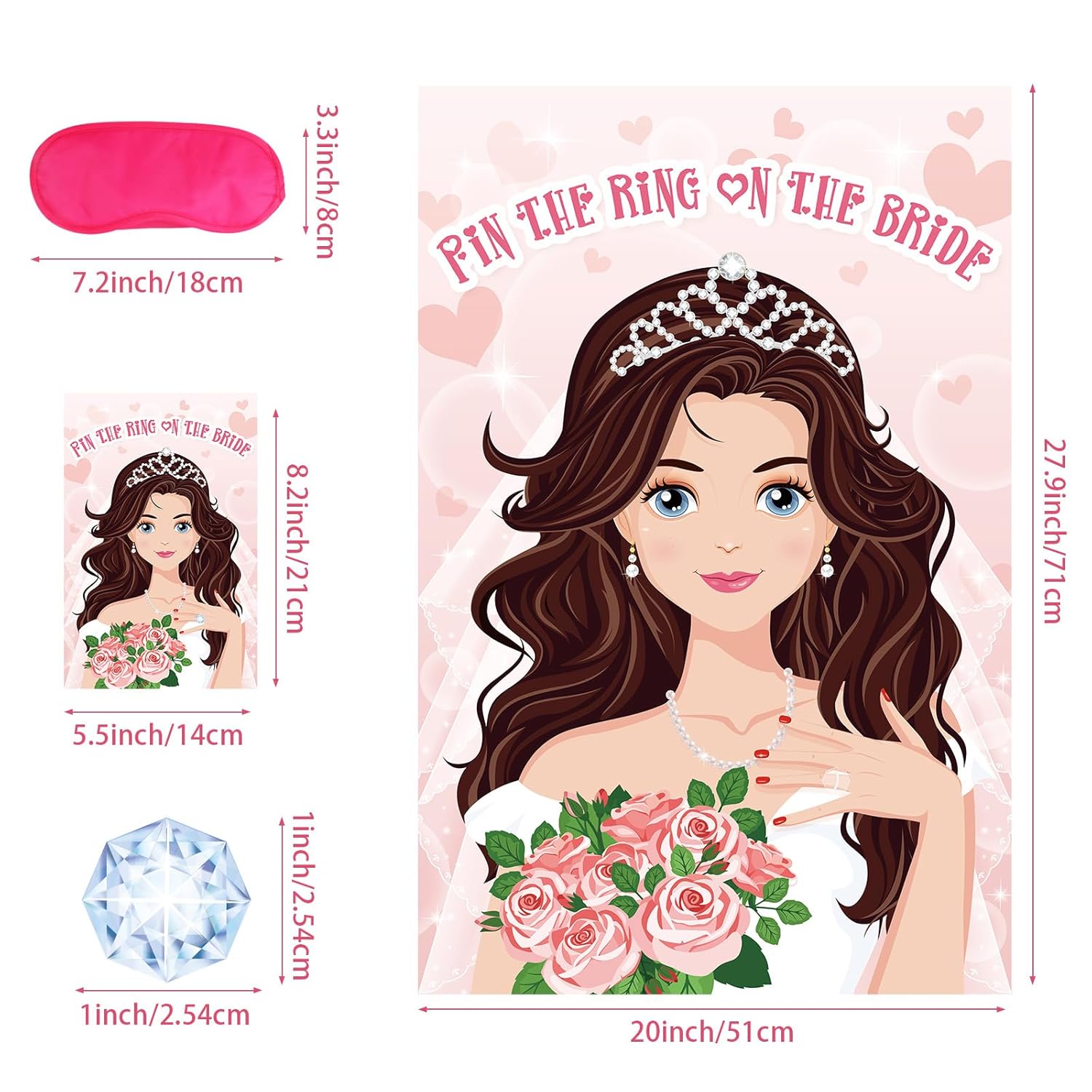 Pin The Ring On The Bride Game - 42 Pcs Rings, Large Bridal Games Poster For Shower, Wedding, Birthday, Carnival Party Supplies