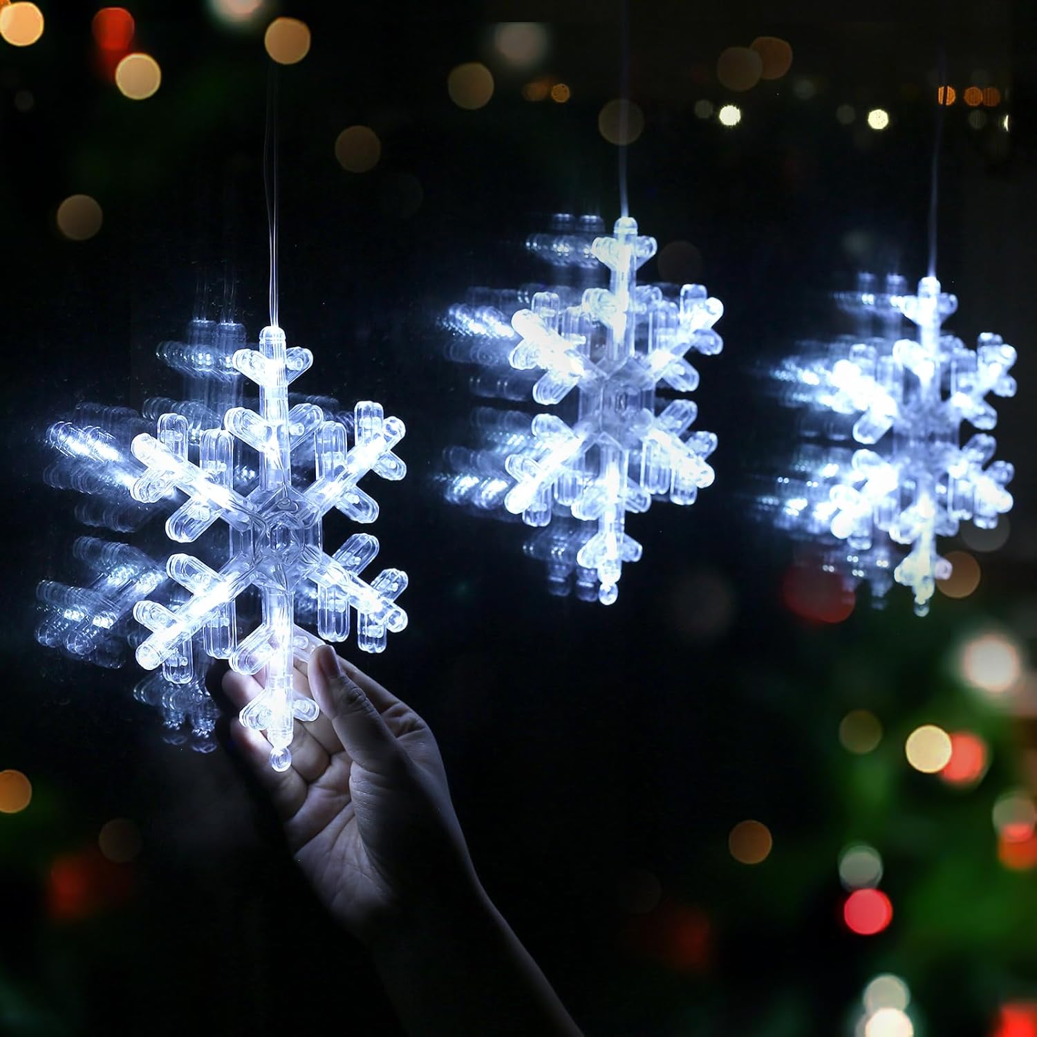 Christmas Decorations 3Pcs White Snowflake Window Lights With Suction Cup Battery Operated Christmas Lights, Hanging Lig