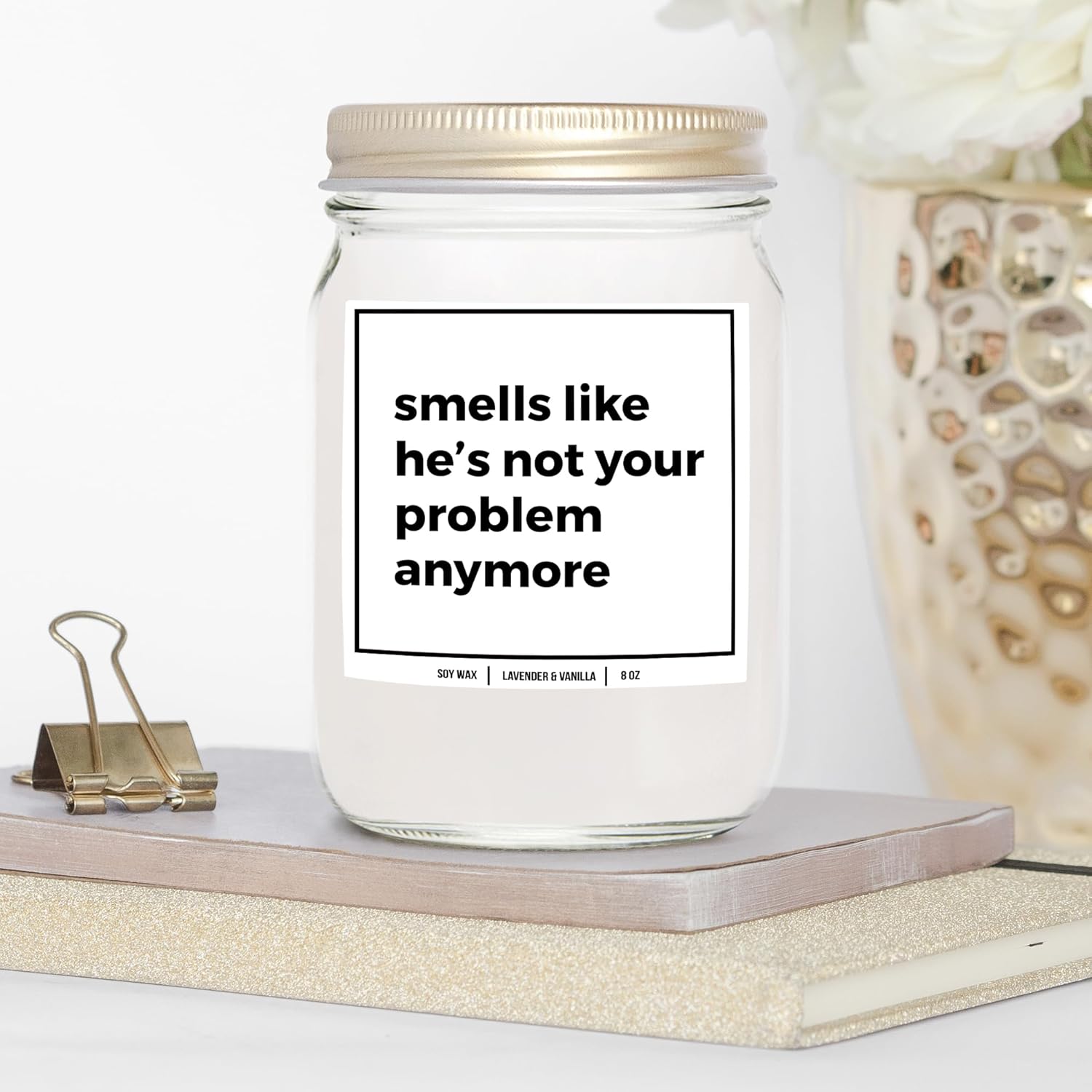 You Nique Designs Smells Like He’S Not Your Problem Anymore Candle 8Oz, Breakup Gifts For Women, Divorce Candles For Newly Divorced, Funny Gag Gifts For Women, Men (Lavender & Vanilla)