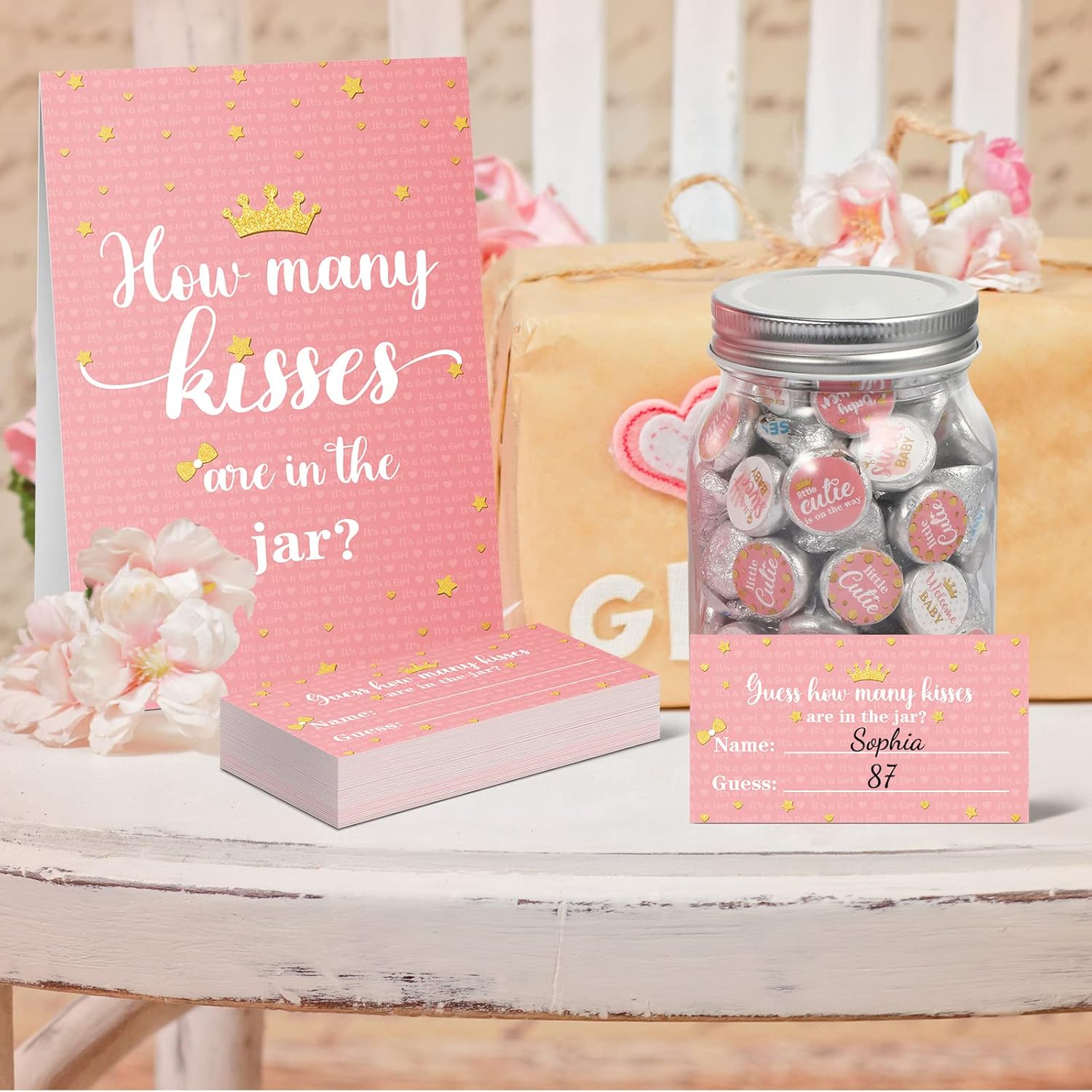 555 Pcs How Many Kisses Baby Shower Games, Pink And Gold Standing Sign Guessing Cards Kisses Stickers For Kids Girl Birthday Baby Shower Sprinkle Party Decoration (No Candy And Jar)