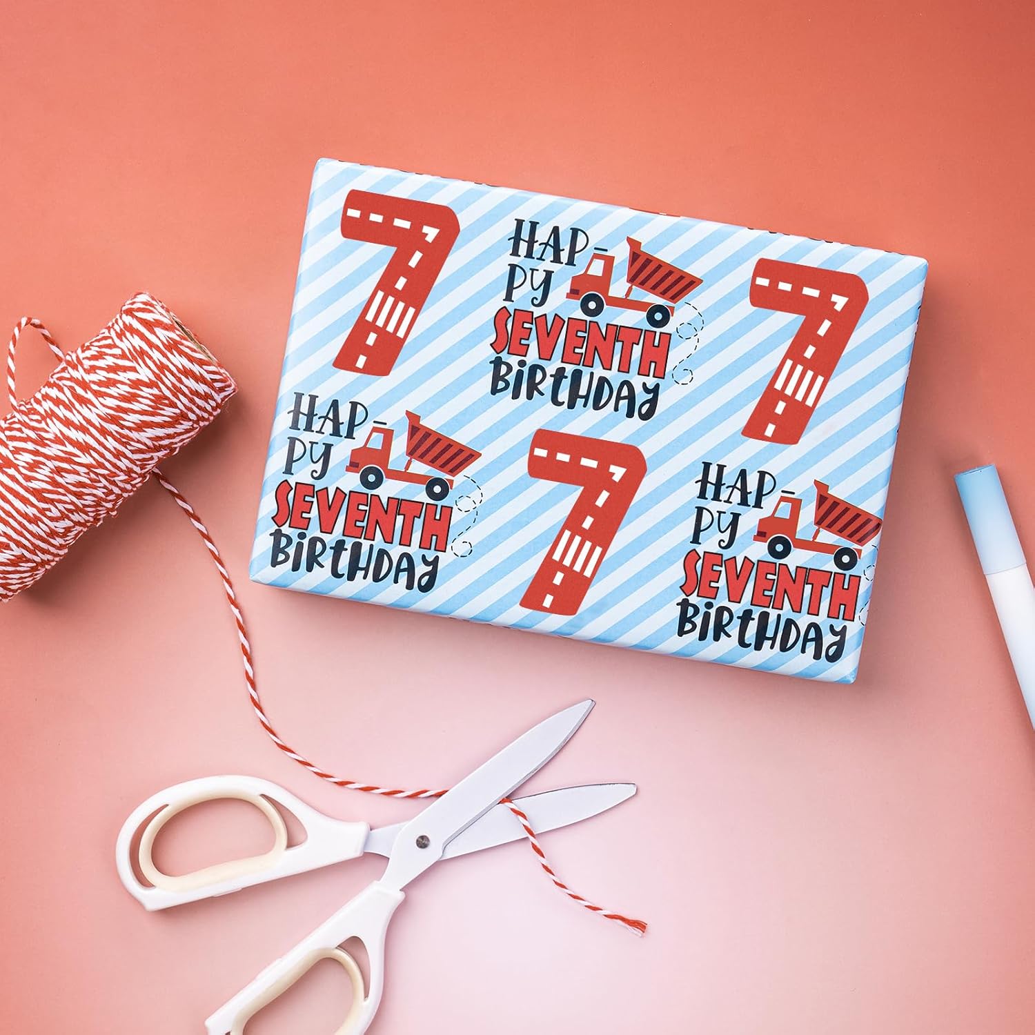 7Th Birthday Wrapping Paper For Boys, Mini Roll, Happy Seventh Birthday Truck Stripes, 17 Inches X 16.4 Feet, Perfect For Boys' Parties