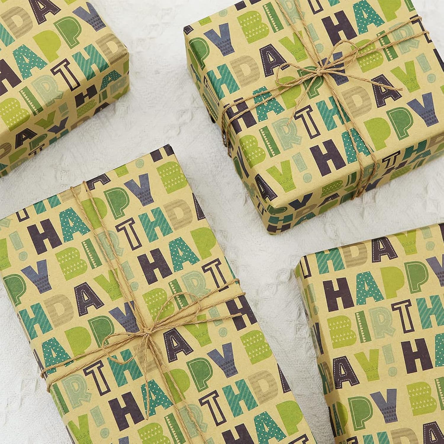 Happy Birthday Green Wrapping Paper For Men Women Boys Girls Kids,Gift Wrap, 20 X 28 Inches Per Sheet (6 Sheets: 23 Sq. Ft. Ttl.) Brown Recycled Kraft Folded Paper For Baby Shower Daddy All Birthday Occasions