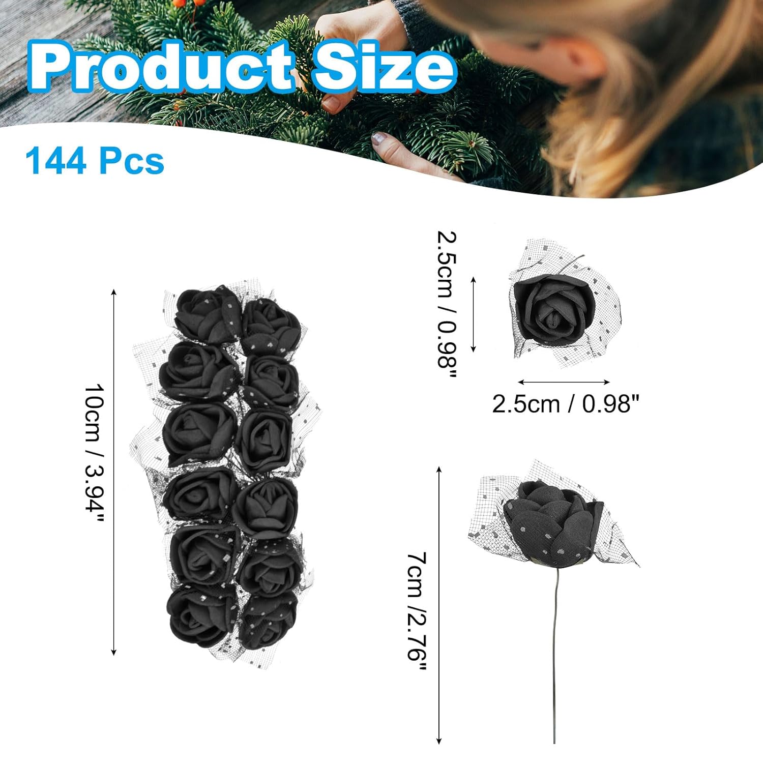 Mini Rose Artificial Flowers Heads 0.98 Inch, 144 Pcs Bulk Stem Foam Fake Roses With Gauze For Wedding Bouquet Boutonnieres Cake Crafts Home Party Decoration, Black