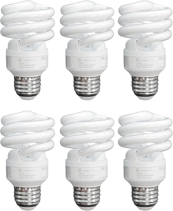 CFL T2 Spiral Light Bulbs 6 Pack 9W 40W Equivalent 5000K Daylight E26 Base 540 Lumens UL Listed