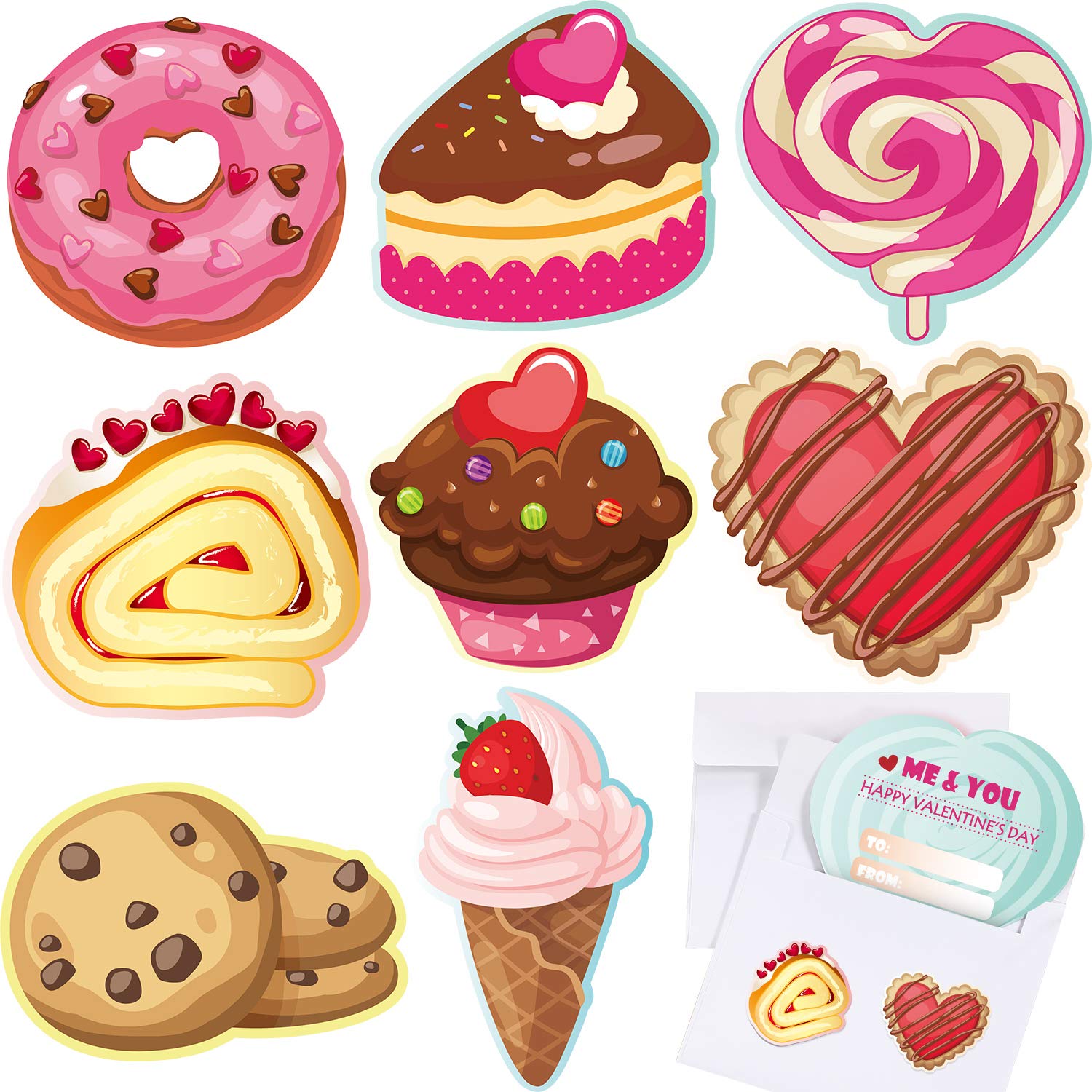32 Pack Valentine Cards Set With Envelopes Stickers 8 Different Cute Food Valentines Greeting Cards Bulk For Classroom Students Exchange Valentine Gifts Party Supplies