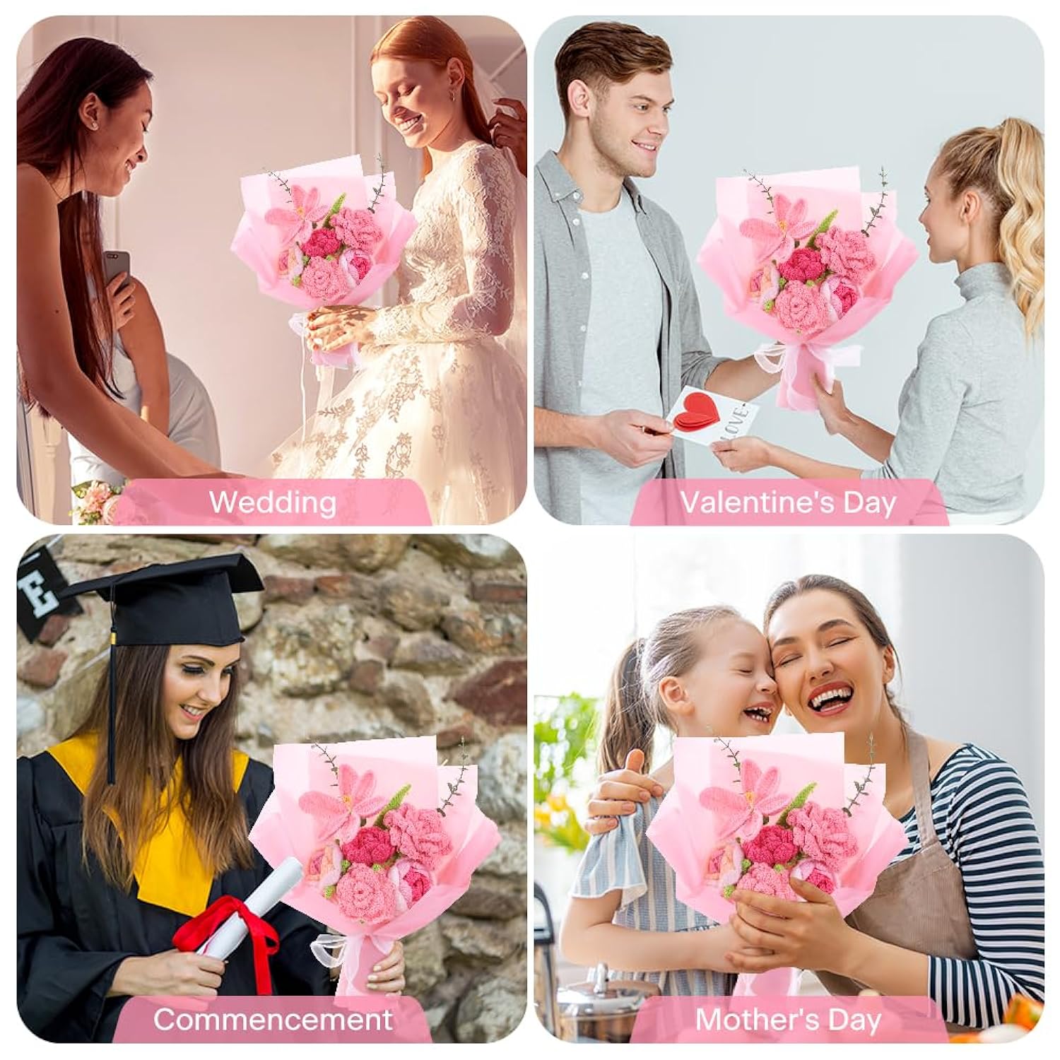 Crochet Flower Bouquet: Artificial Knitted Roses Tulips For Love Mother'S Day Wedding Anniversary Teachers' Day Decoration Including Lighting Fixtures Gift Bags?Pink?