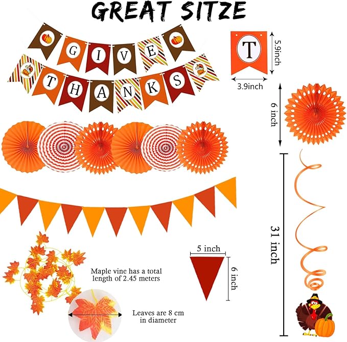 Give Thanks Pumpkin Maple Leaf Banner Bunting Garland Paper Fans Streamers Decor