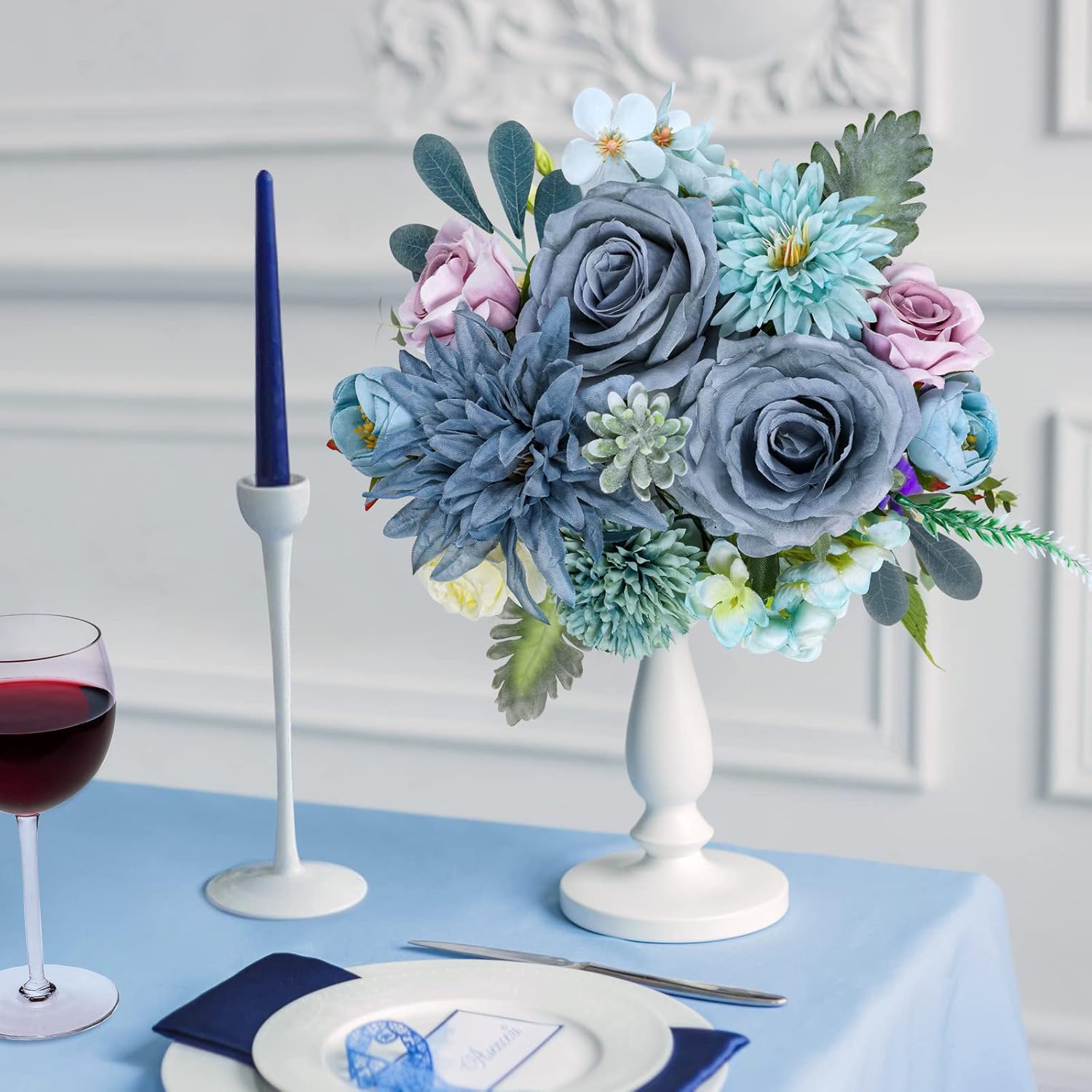 Blue Artificial Flowers Combo Silk Mix Peony Rose Hydrangea Fake Flowers W/Stem For Diy Wedding Bouquets Centerpieces Arrangements Table Decor Party Bridal Baby Shower Home Decorations