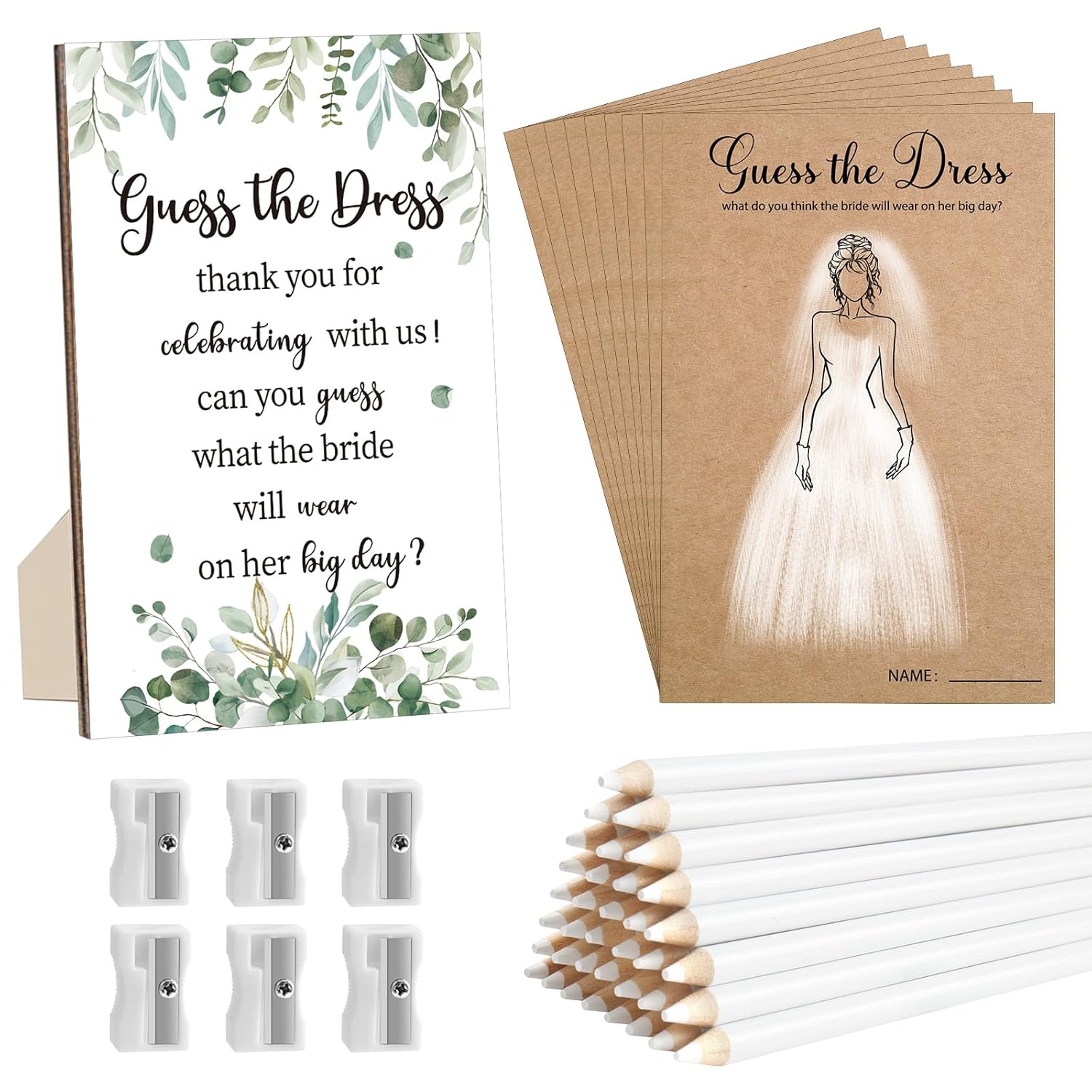 Guess The Dress Bridal Shower Games Include Wooden Table Sign 50 Couple Shower Cards&White Pencils 10 Pencil Sharpeners For Guests Wedding Decorations Bachelorette Engagement Party (Bridal Disc)