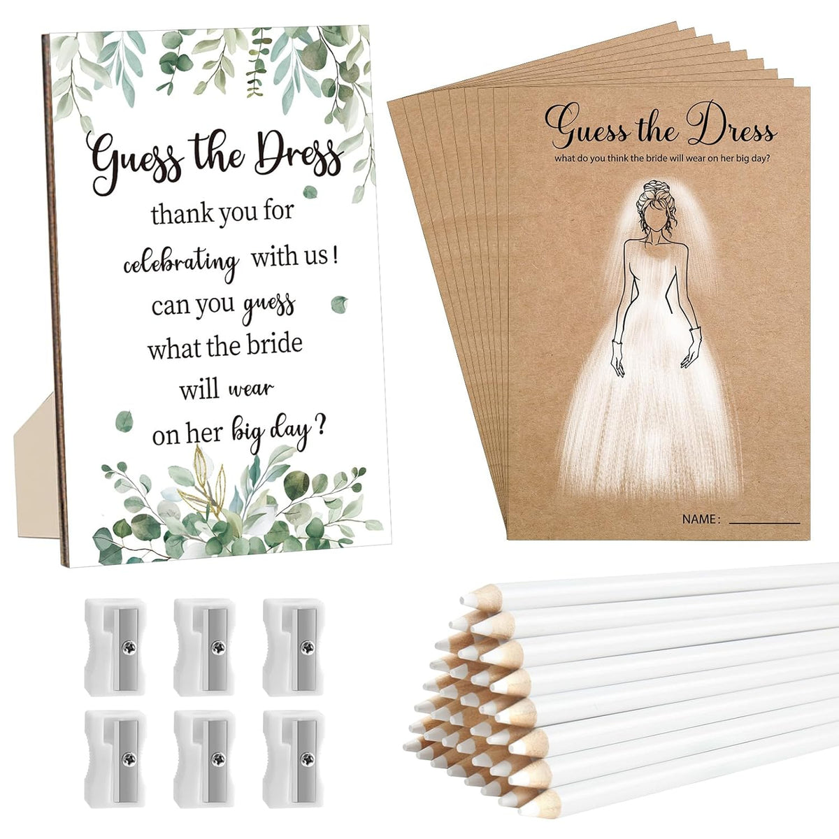 Guess The Dress Bridal Shower Games Include Wooden Table Sign 50 Couple Shower Cards&White Pencils 10 Pencil Sharpeners For Guests Wedding Decorations Bachelorette Engagement Party (Bridal Disc)