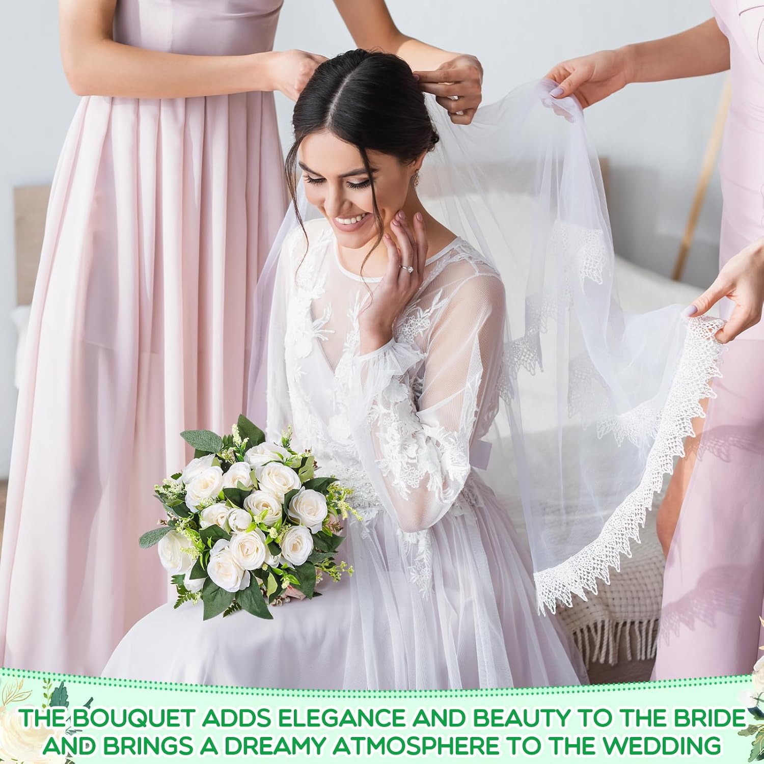 10 Pack Bridesmaid Bouquets For Wedding 7 Inch Natural Artificial Flowers Bridesmaid Bouquets Wedding Flowers For Ceremony Anniversary Marriage Centerpieces Decorations(White)