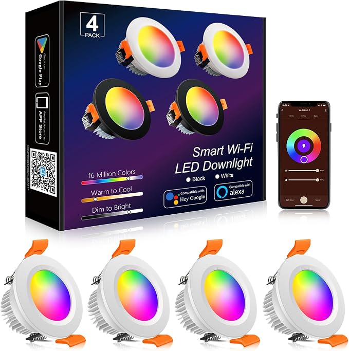Smart 3 Inch LED Recessed RGB WiFi Downlight 5W Alexa Compatible 4 Pack