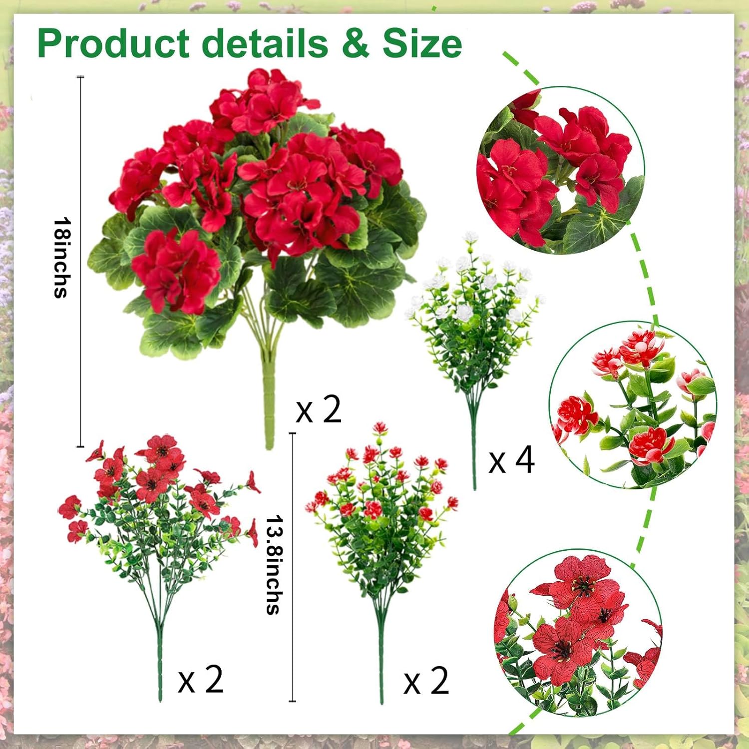 18'' Artificial Geraniums Flowers For Outdoors, 10 Bundles Mixed Fake Silk Flowers Plastic Plants Uv Resistant For Summer Garden Porch Patio Planter Kitchen Table Home Decor, Red