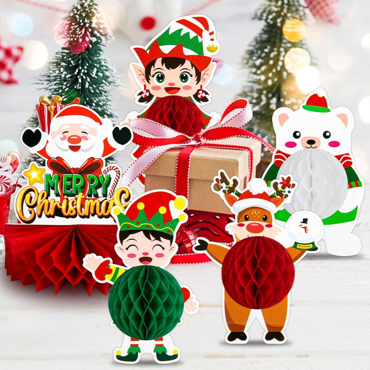 13Pcs Christmas Party Decorations, Christmas Honeycomb Centerpieces For Tables, Xmas 3D Table Decorations With Santa Claus Snowman For Merry Christmas Party Supplies Indoor Home Holiday Sign