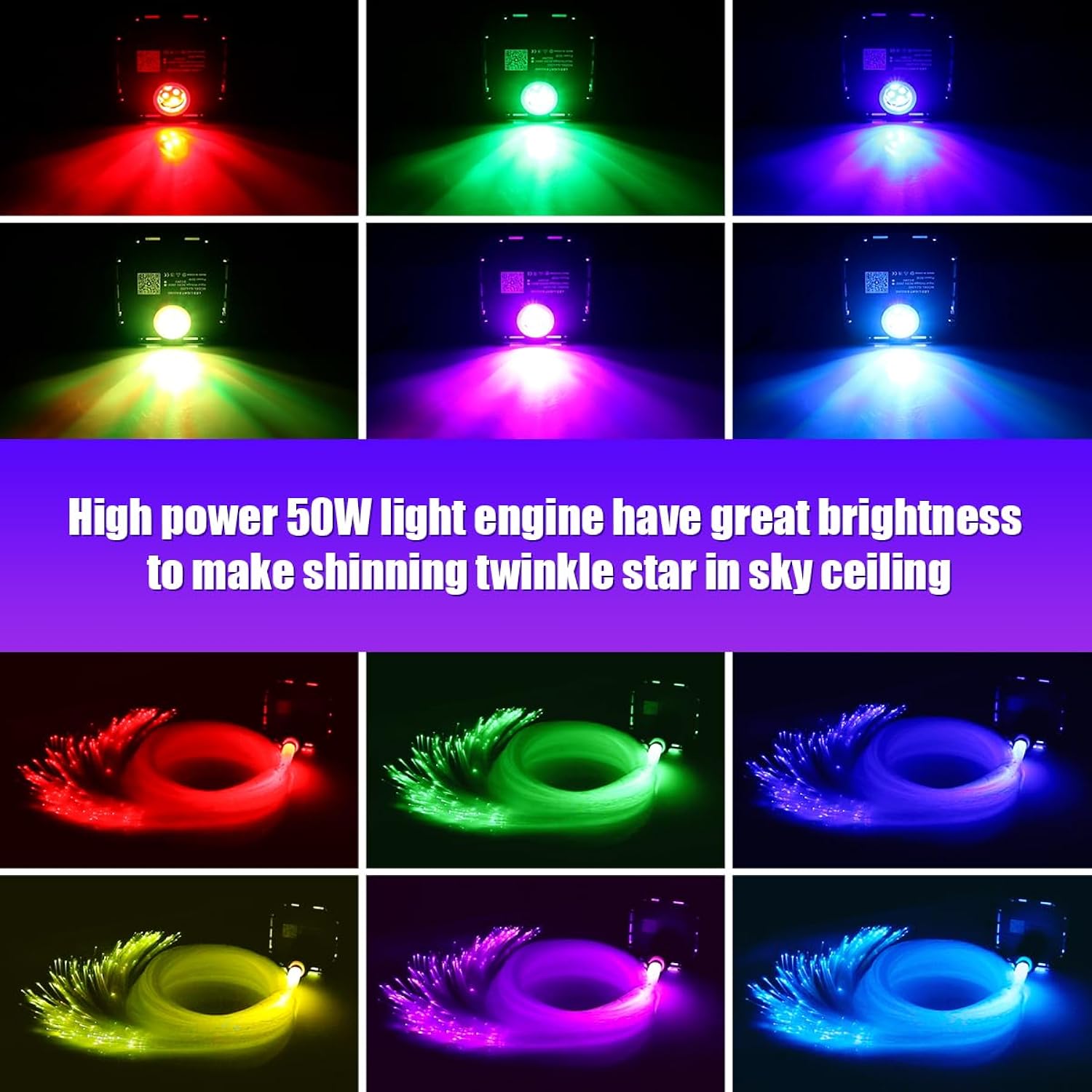 High Brightness 50W Twinkle Fiber Optic Starlight Kits 1200Pcs*0.03In*16.4Ft End Glow Fiber Strands Sound Activated Bluetooth/App Remote Control Home Shop Lobby Theater Ceiling Roof Decor