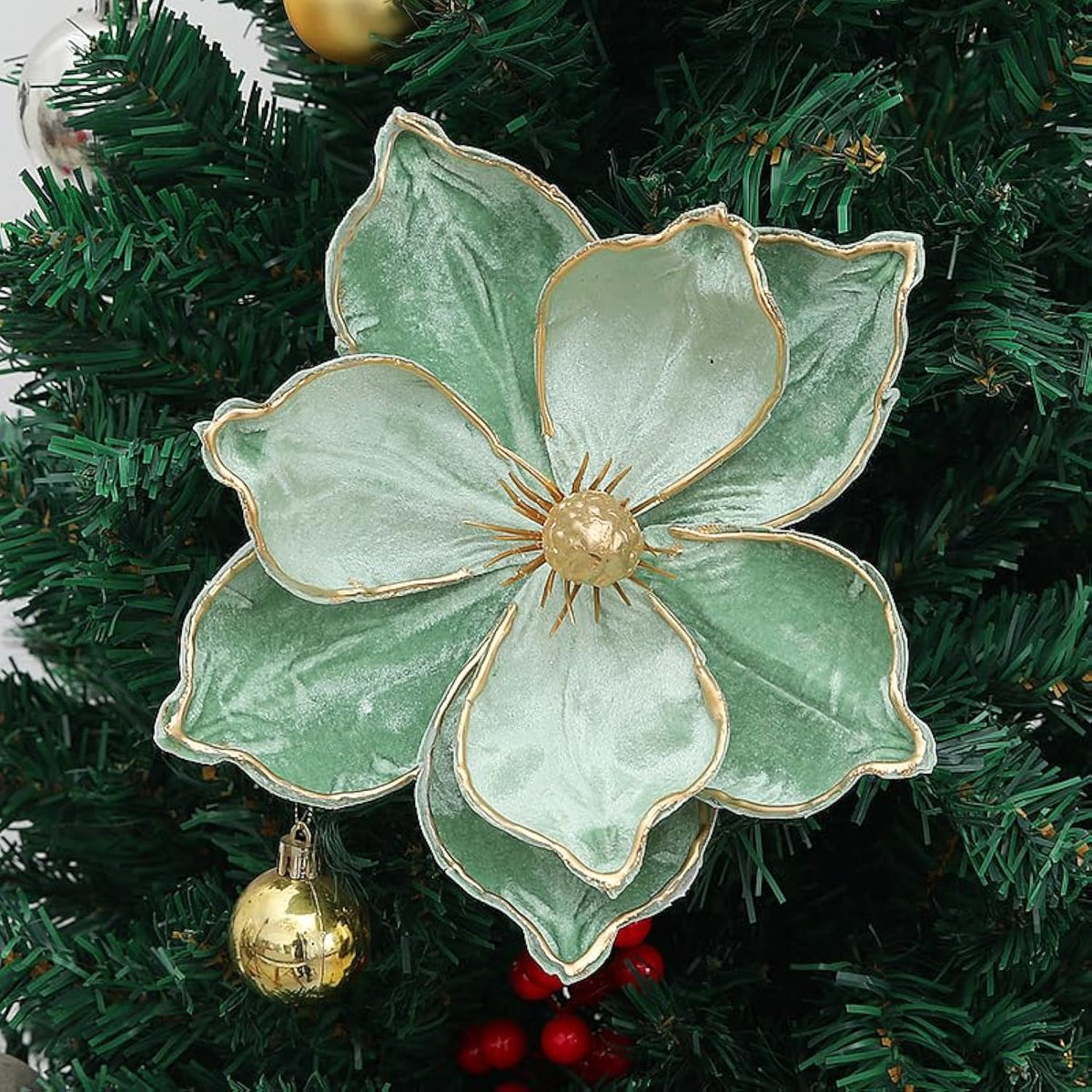 6Pcs Christmas Party Magnolia Flowers For Tree Artificial Poinsettia Flower Fake Magnolia Flower With Stems Floral Picks For Xmas Tree Wreath Wedding Party Diy Crafts (Green)