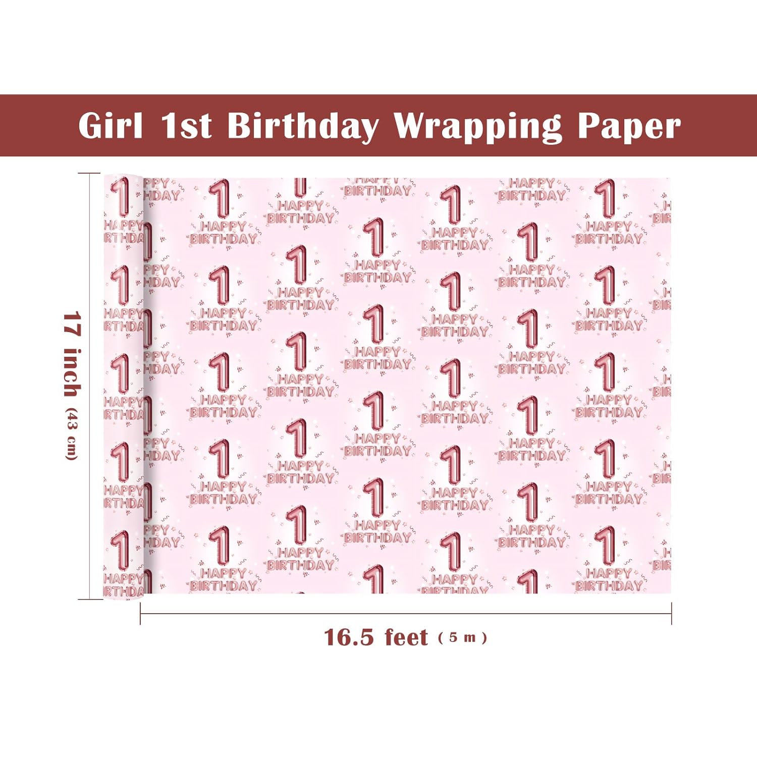 Girl 1St Birthday Wrapping Paper - Mini Roll - 17 Inch X 16.5 Feet - Happy Birthday Wrapping Paper Perfect For Kids Girls, Baby Shower