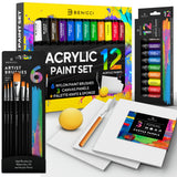 Complete Acrylic Paint Set – 12? Rich Pigment Colors & 6X Art Brushes - Includes 3 Paint Canvases, Palette Knife & Sponge - Perfect For Canvas, Clay, Ceramic - Non-Toxic, Great For Kids & Adults