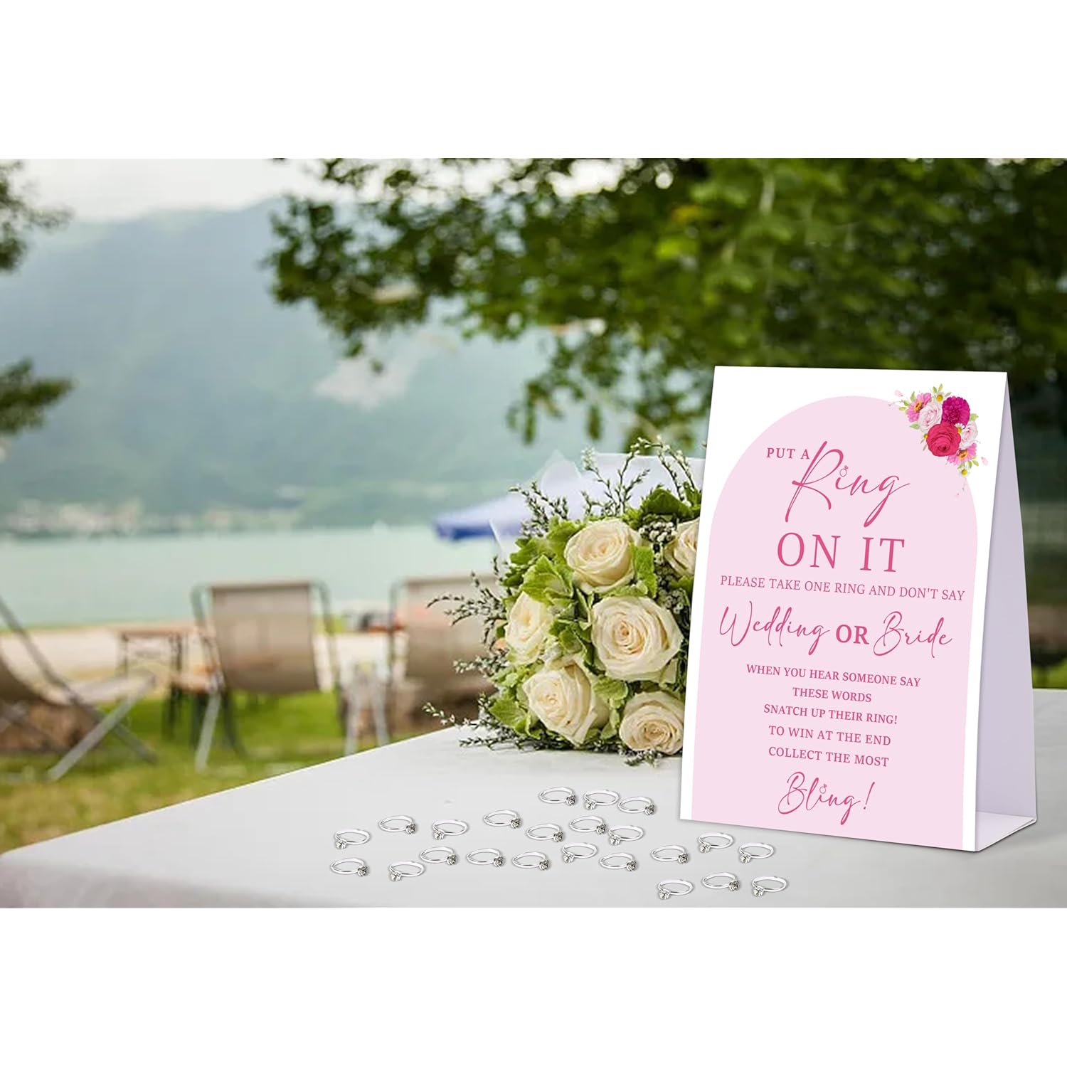 Pink Floral Don'T Say Bride Or Wedding Game, Put A Ring On It Bridal Shower Game With 50 Fake Rings, Modern Bridal Shower Decorations, Wedding Shower Or Bachelorette Party Supplies - 05