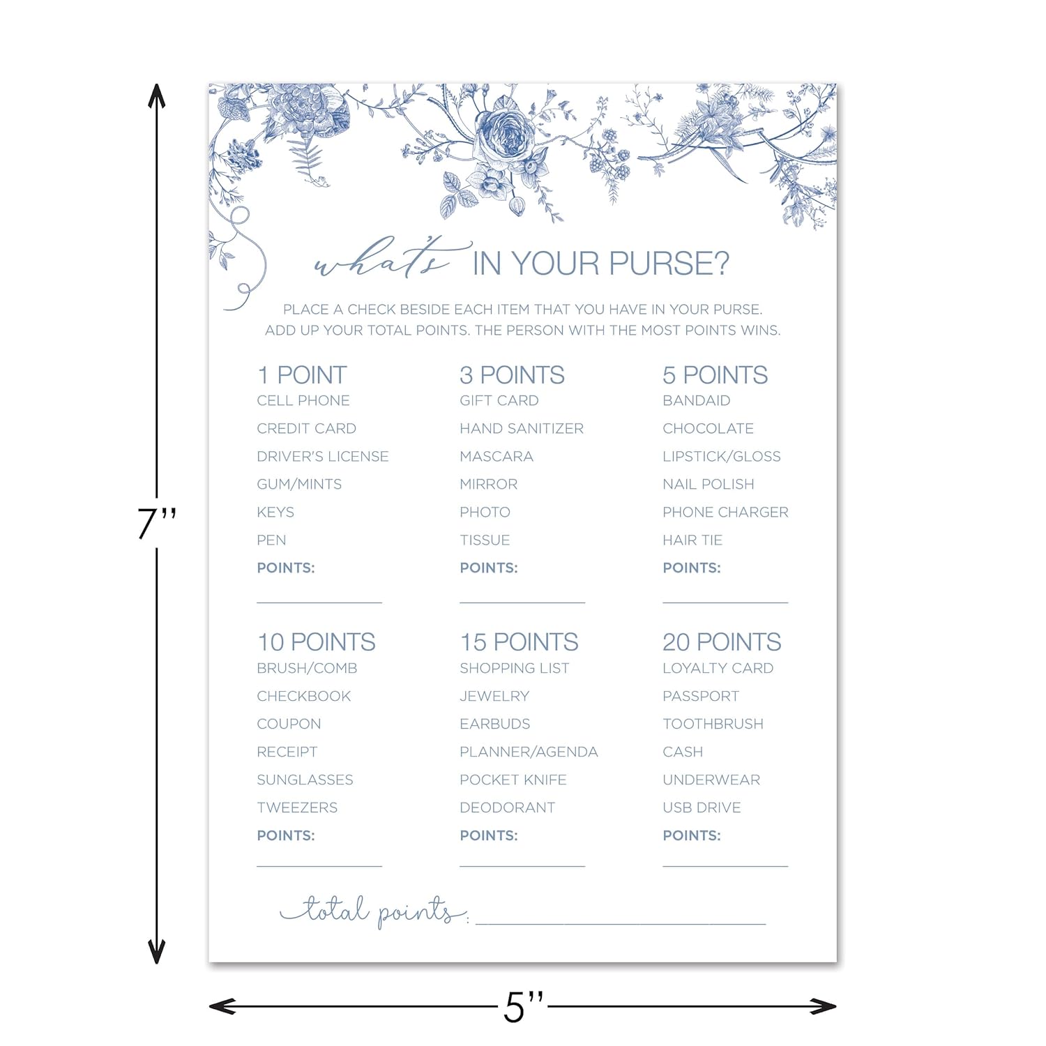 What'S In Your Purse Game, Blue Floral Design, Party Activity, Set Of 24