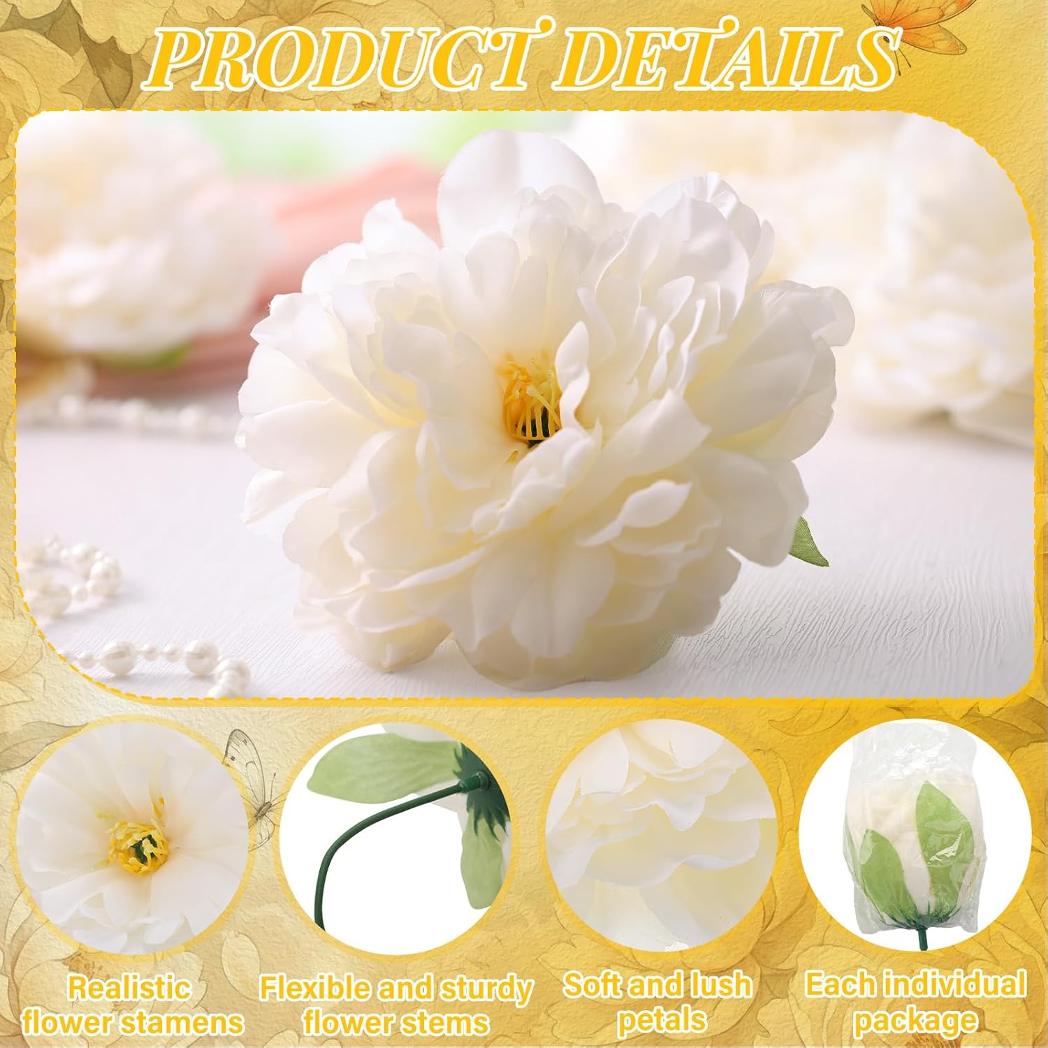 50 Pcs 5.5 Inches Peonies Artificial Flowers With Wire Branch Silk Realistic Blooming Fake Peonies Rose Bouquets For Wedding Table Centerpiece Diy Craft Party Home Decor(Beige)