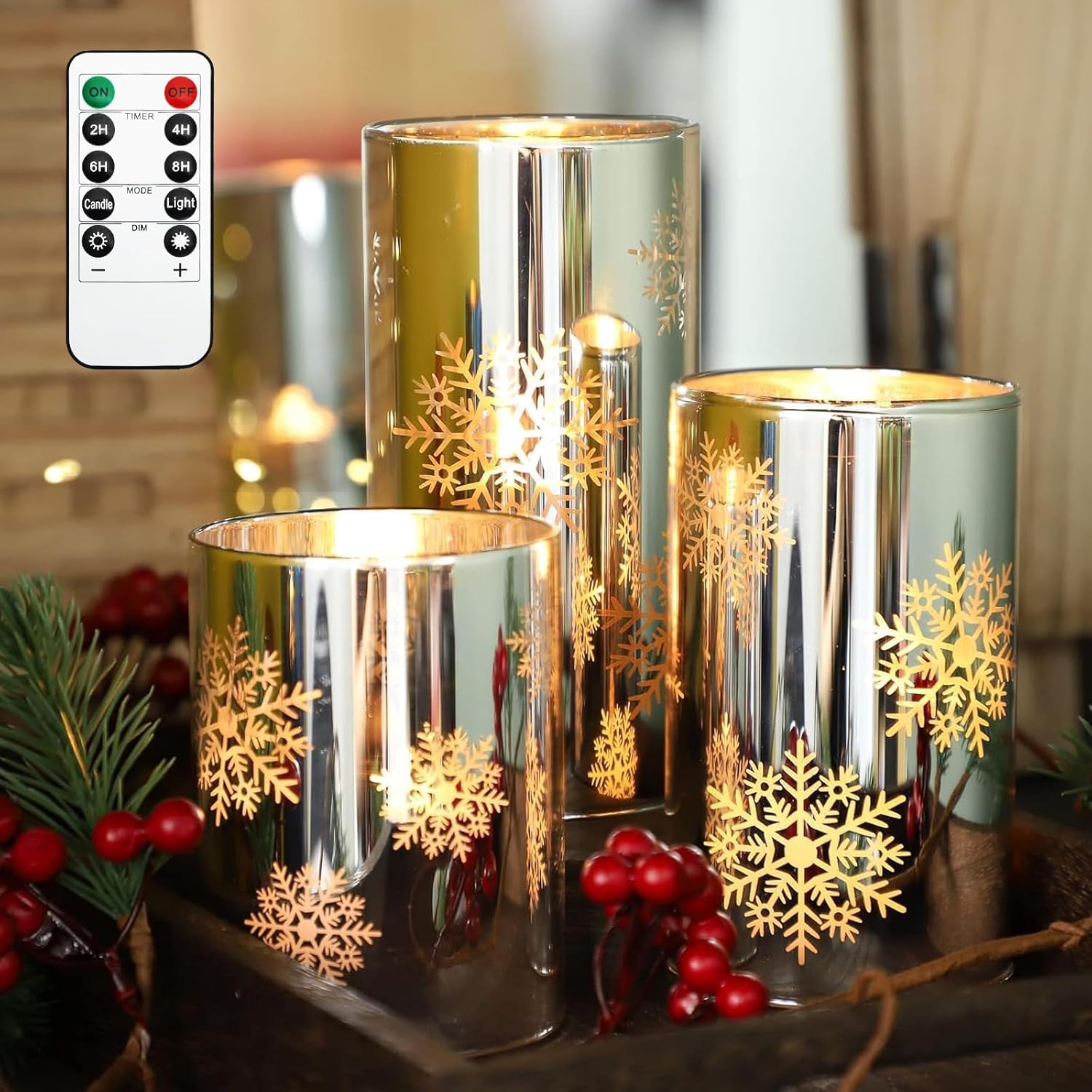 Snowflake Led Flameless Candles With Remote And Timer, Electroplate Glass Candles Operated By Battery, Christmas Led Flickering Candles Decoration For Bedroom, Party, Wedding