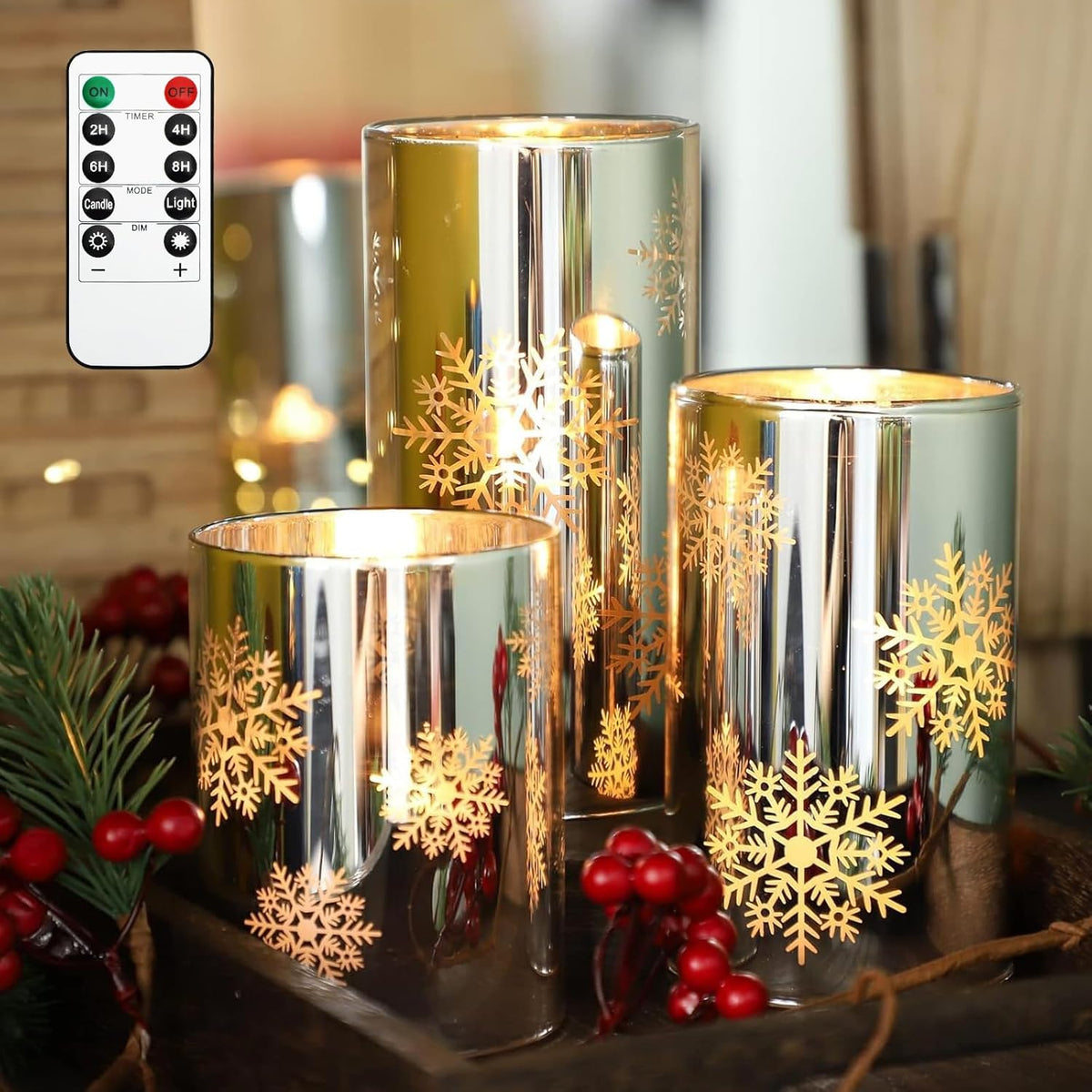 Snowflake Led Flameless Candles With Remote And Timer, Electroplate Glass Candles Operated By Battery, Christmas Led Flickering Candles Decoration For Bedroom, Party, Wedding