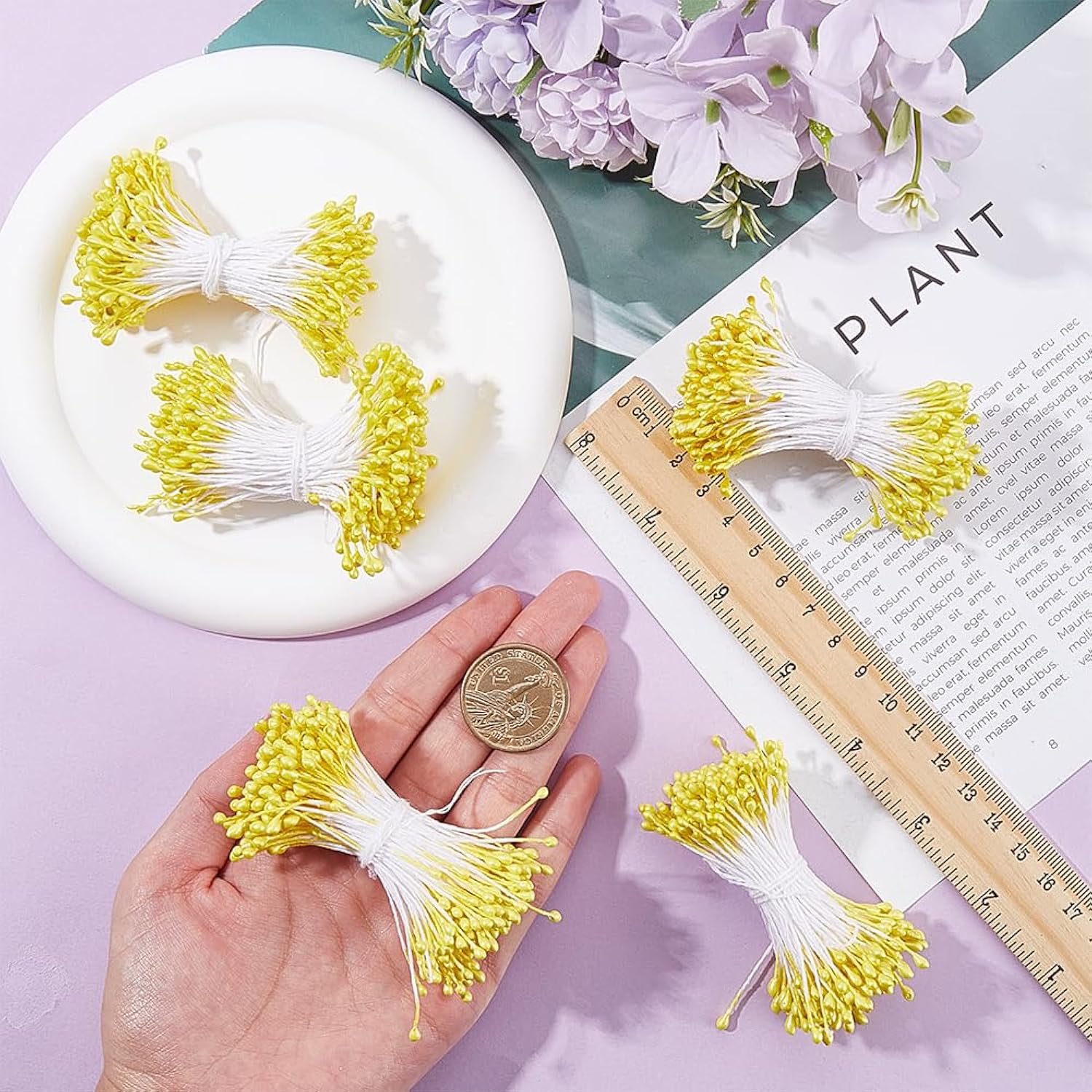 1200Pcs 0.12 Inch Flower Stamens Artificial Flower Small Stamens Plastic Pearl Yellow Floral Stamen Double Head Pollens Core For Flower Hairpin Jewelry Making Accessories Supplies Diy Craft