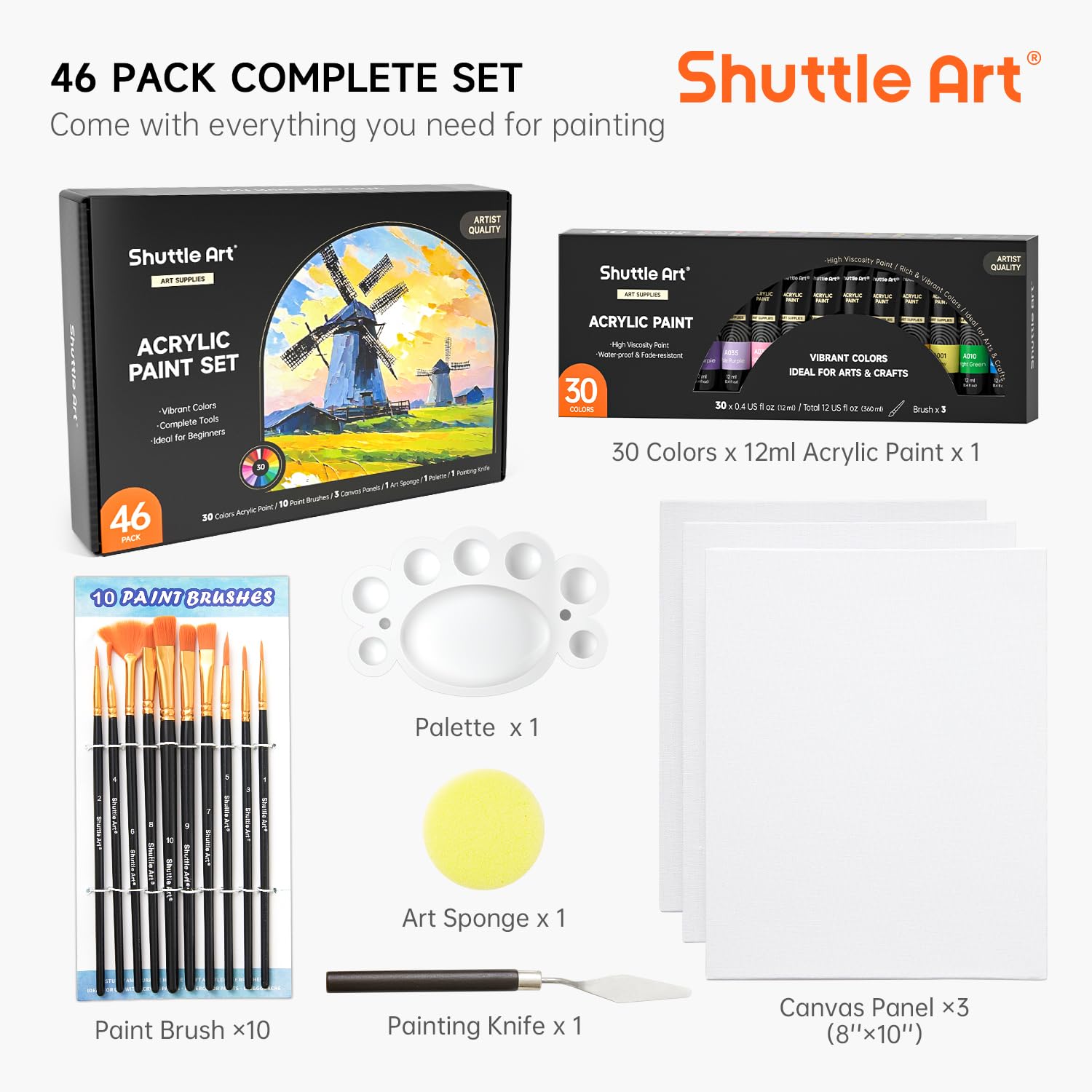 46 Pack Acrylic Paint Set, 30 Colors Acrylic Paint With 10 Brushes 3 Canvas 1 Knife Palette Sponge, Complete Painting Set For Kids, Adults, Beginners, Painting Wood, Ceramic