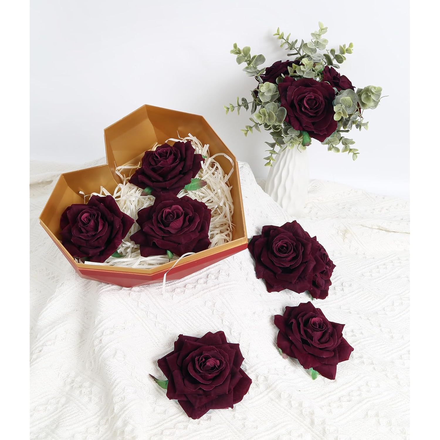 Burgundy Roses 16Pcs Artificial Velvet Roses Maroon Flowers 4.3" Burgundy Fake Flowers Dark Red Roses For Wedding Bouquet Flowers For Floral Centerpieces Home Party Decor (Burgundy)