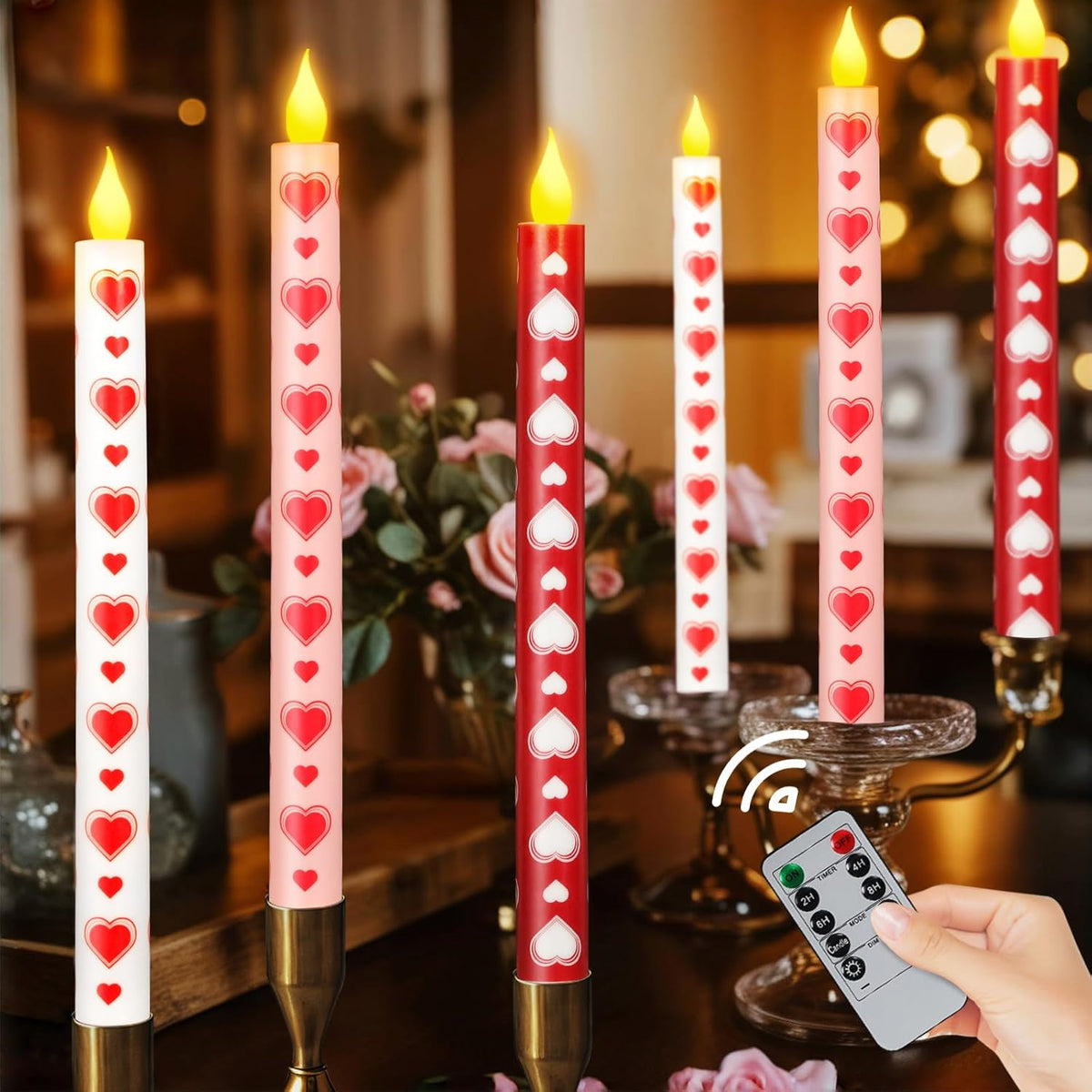 6Pcs Valentine'S Day Flameless Taper Candle - 10.63" Heart Love Candle With Remote,Pink Red Battery Operated Led Candlesticks,Valentines Gifts For Wedding Anniversary Romantic Night Party Decor