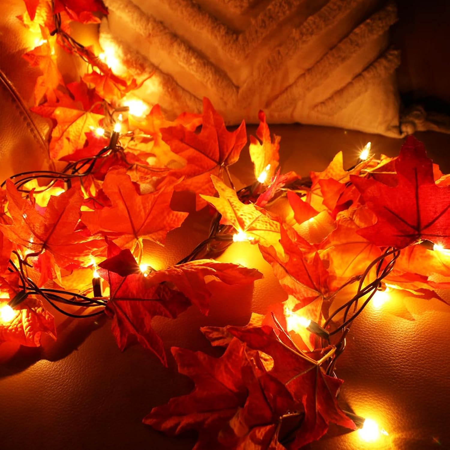 Halloween Decor Garland With Lights Plug In String Lights, Autumn Leaf Fairy Light For Festival Lighting Strings Indoor