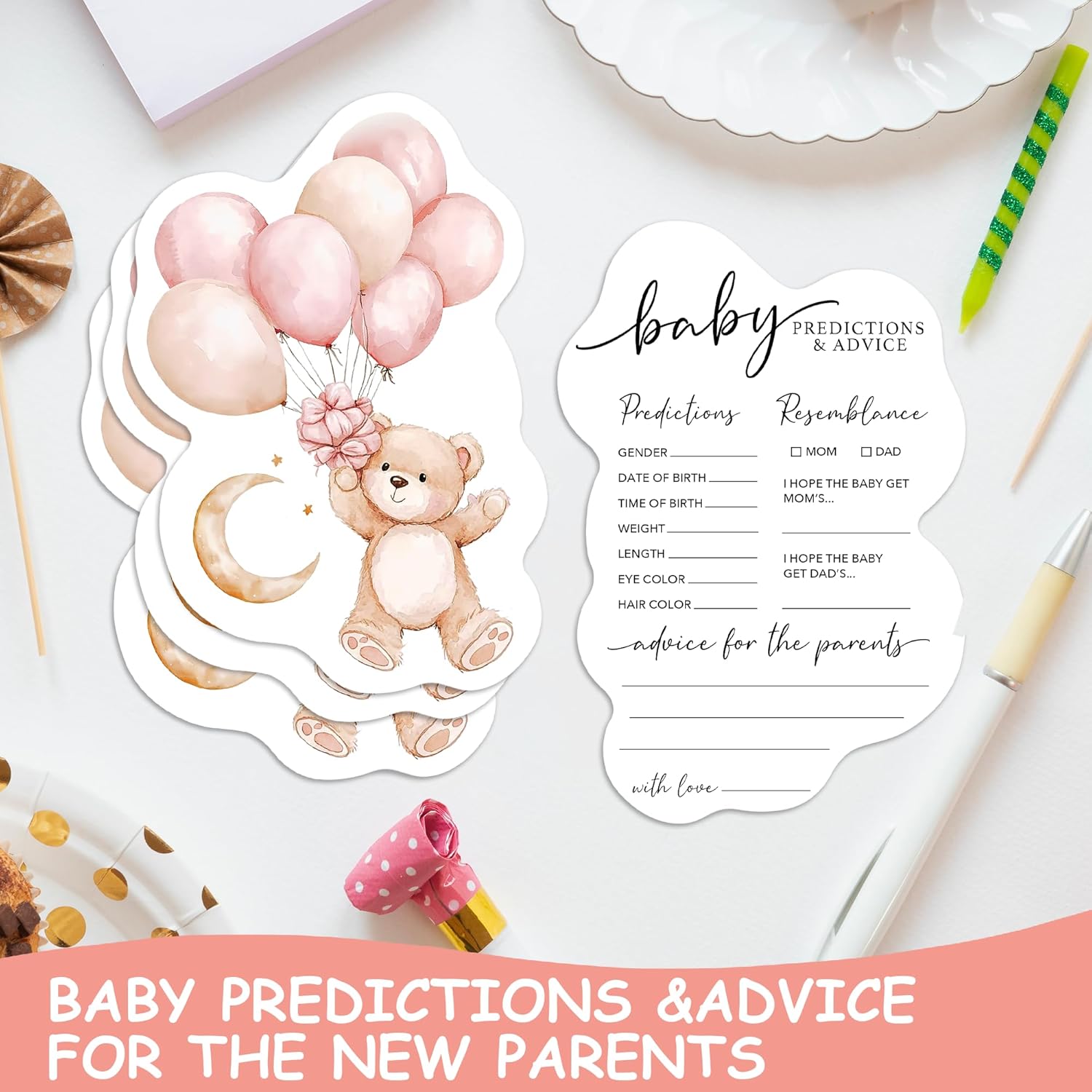50 Pcs Double Side Baby Predictions & Advice Cards For New Parents Baby Shower Games For Wishes Decorations, Gender Reveal Games, Advice For New Parents To Be(Cute Bear) -A03