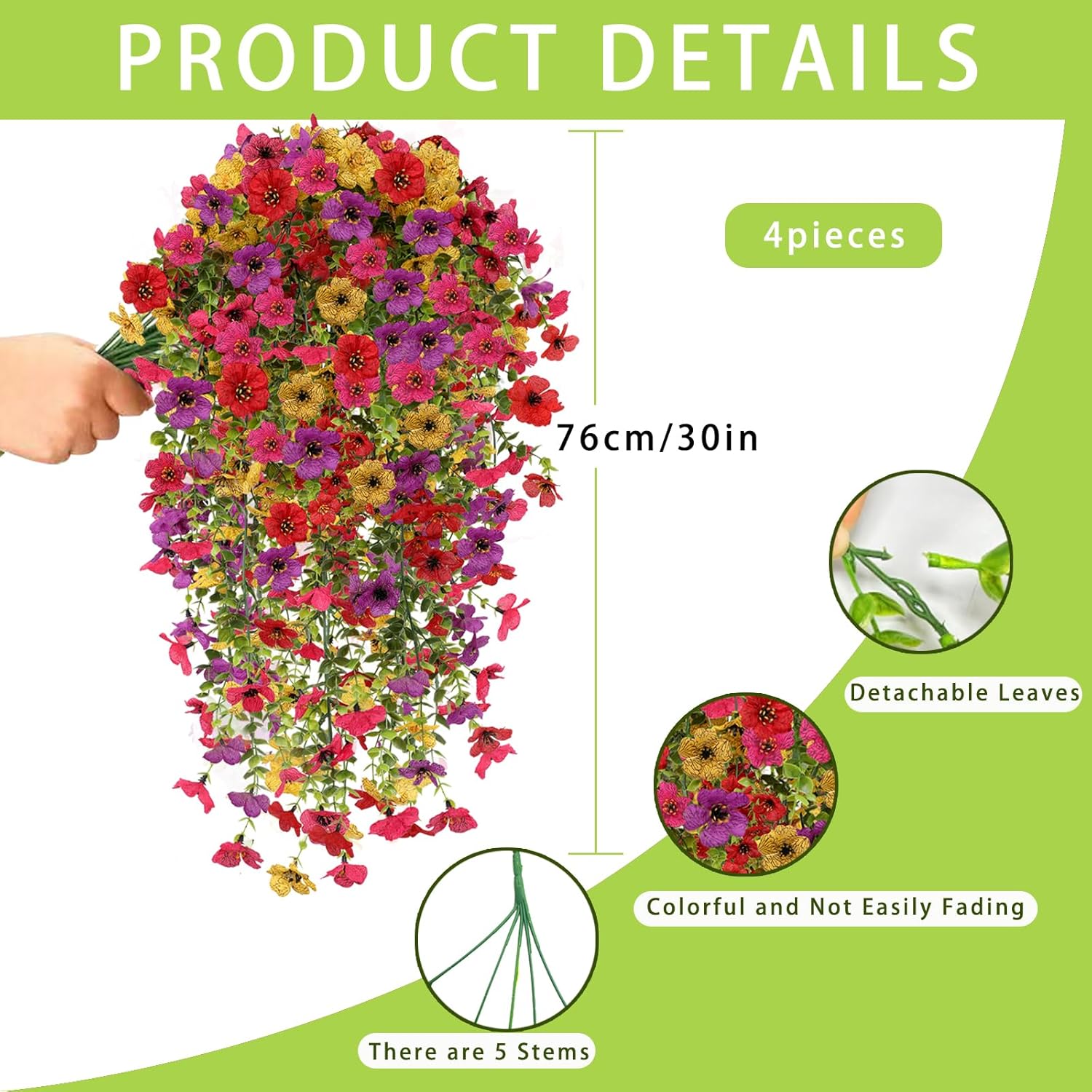 Artificial Fake Hanging Flowers Plants For Outdoor Spring Summer Decoration, 4Pcs Uv Resistant Look Real Trailing Vines For Outside Home Planter Porch Patio Valentine'S Day Decor(Multicolour)