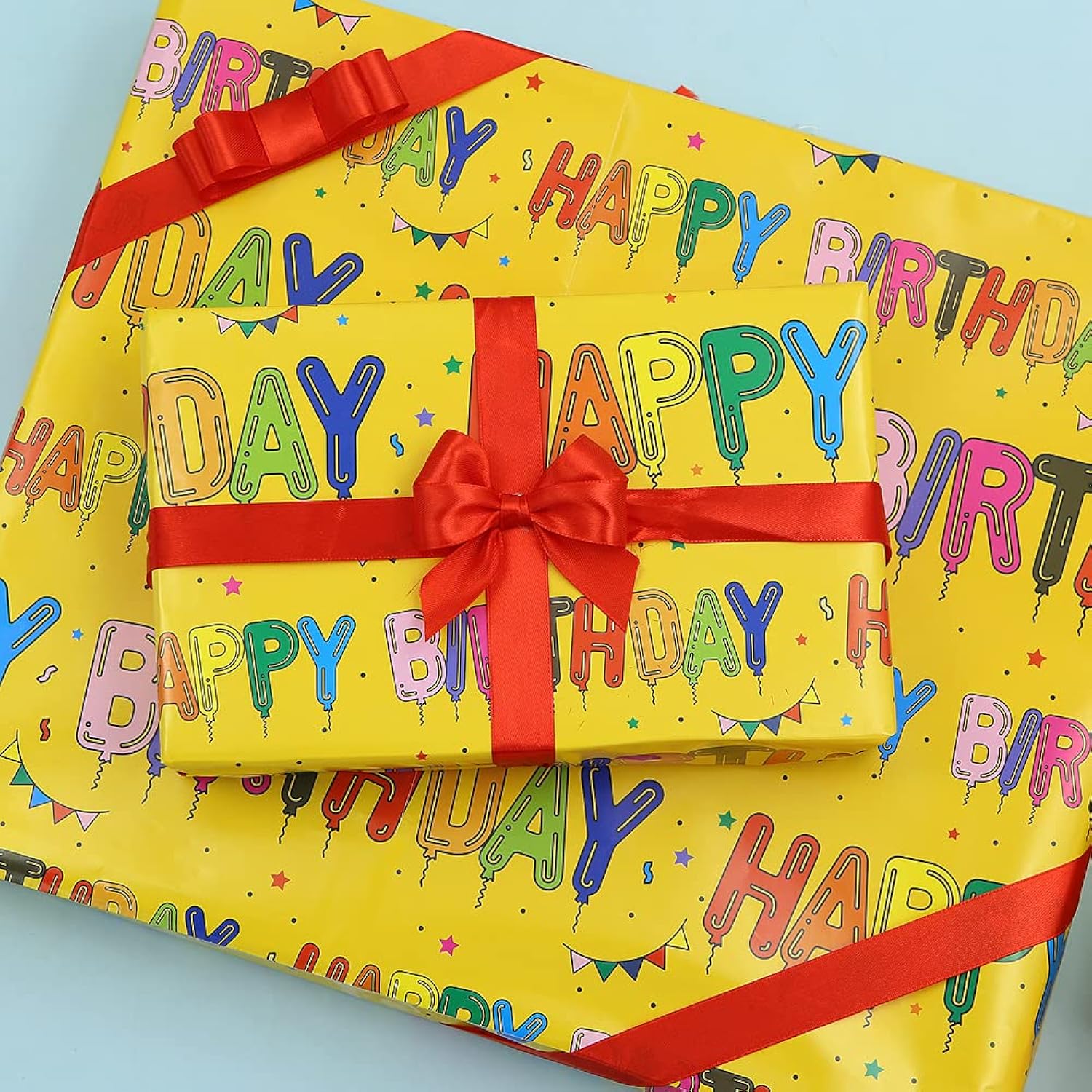 Yellow Happy Birthday Wrapping Paper Set Of 6 Sheets Folded Flat 20X28 Inches Per Sheet For Kids Girls Boys Men Women, Bright Color Happy Birthday Letter Like Balloons With Stars And Flags For All Birthday Occassions
