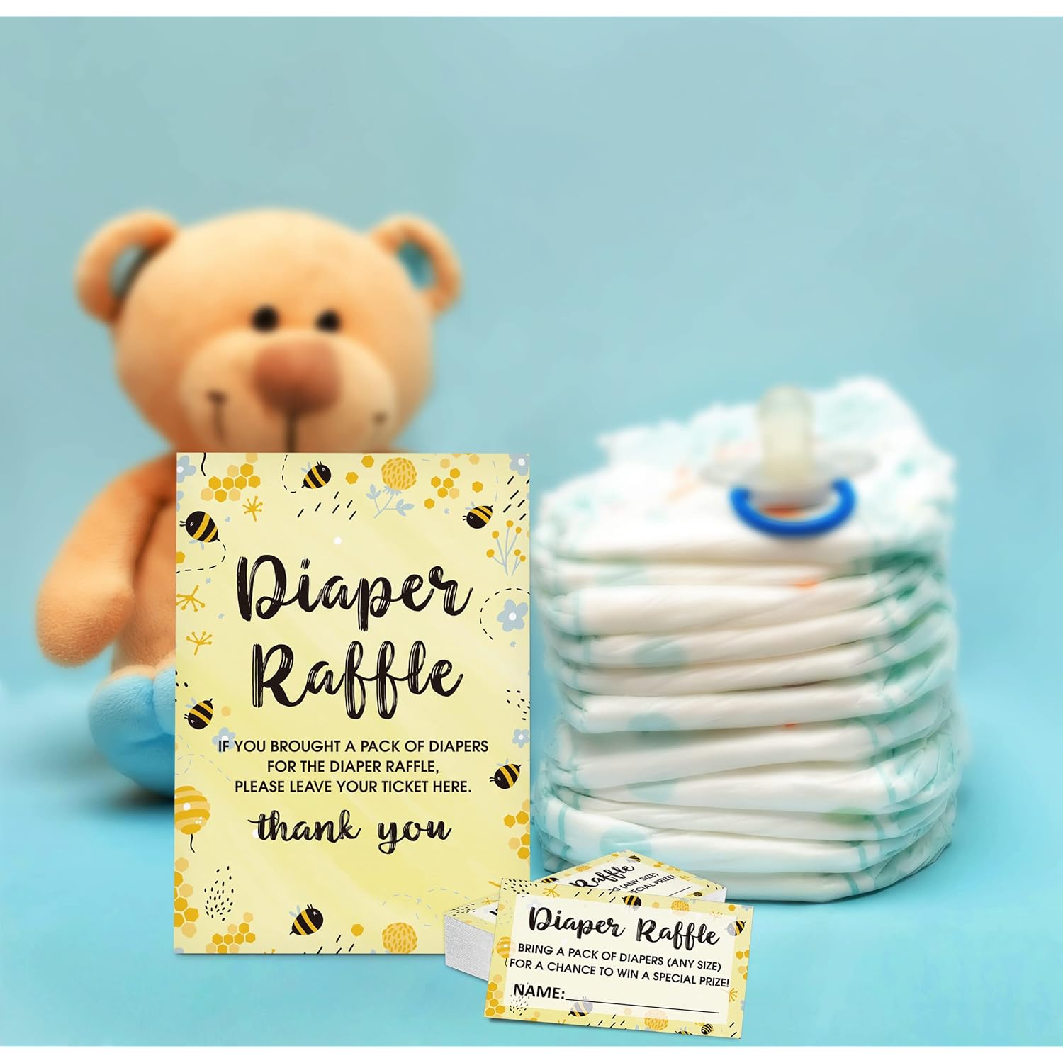 Diaper Raffle Baby Shower Game Set(1 Standing Sign + 50 Finding Cards), Bumble Bee Diaper Raffle Tickets For Baby Shower, Honey Honeycomb Gender Reveal Party Favor Decor - A20
